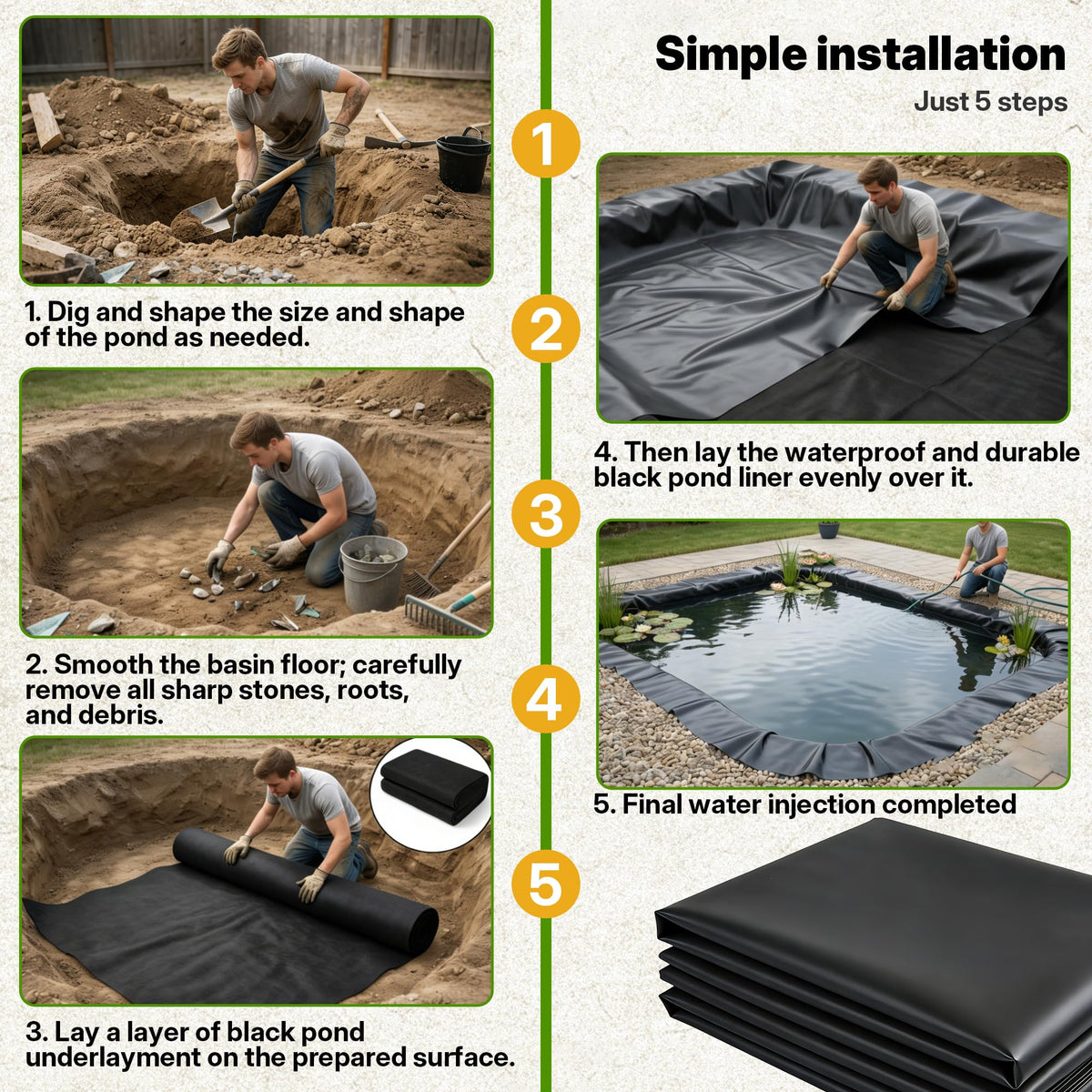 Chonway Heavy Duty Pond Liner Underlayment Combo - 10 X 15ft Non Woven Geotextile Fabric & 20 mil Pond Liners for Outdoor Ponds, Fish/Koi/Garden/Lifeguard Pond Liner