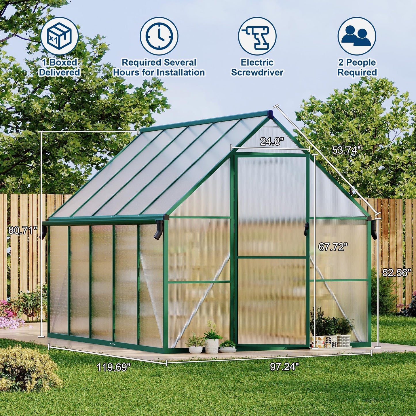 8x10 FT Outdoor Polycarbonate Greenhouse, Aluminum Frame Walk-in Greenhouse with Ventilation Windows & Rain Gutters, Heavy Duty Green House for Backyard Garden Patio Plant Growing