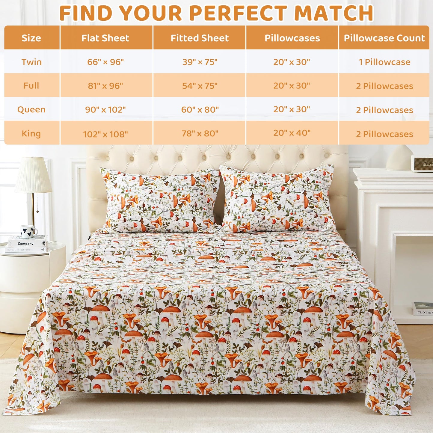 Mooreeke Cozy Vintage Microfiber Printed Twin Sheet Set - Soft & Breathable Mushroom Forest Bed Sheets with Extra Deep Pocket - Non-Slip Fitted Design - Jungle Mushroom Leaves Pattern - Twin