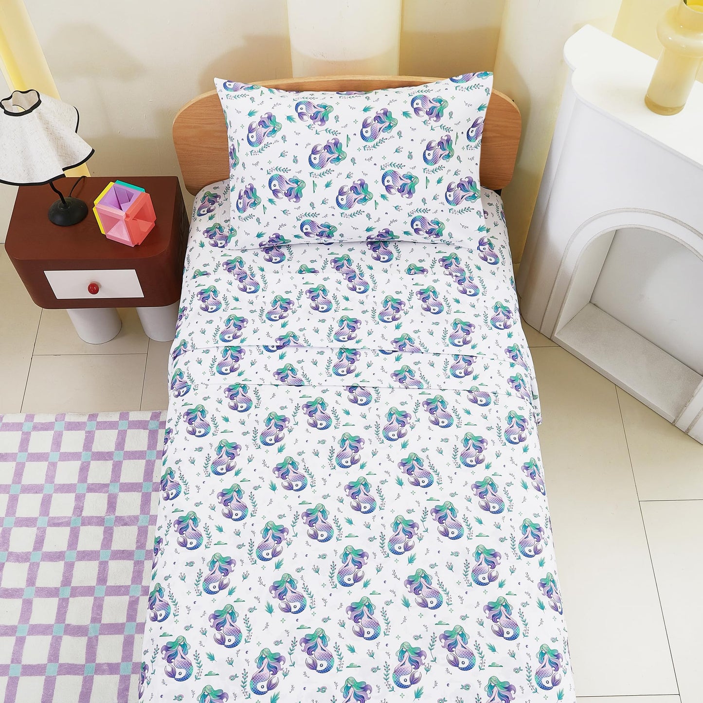 lasoftan Kids Sheet Set Twin Size, Twin Sheet Set with Mermaid Pattern,Breathable Silky Soft Microfiber Kids Fitted Sheet