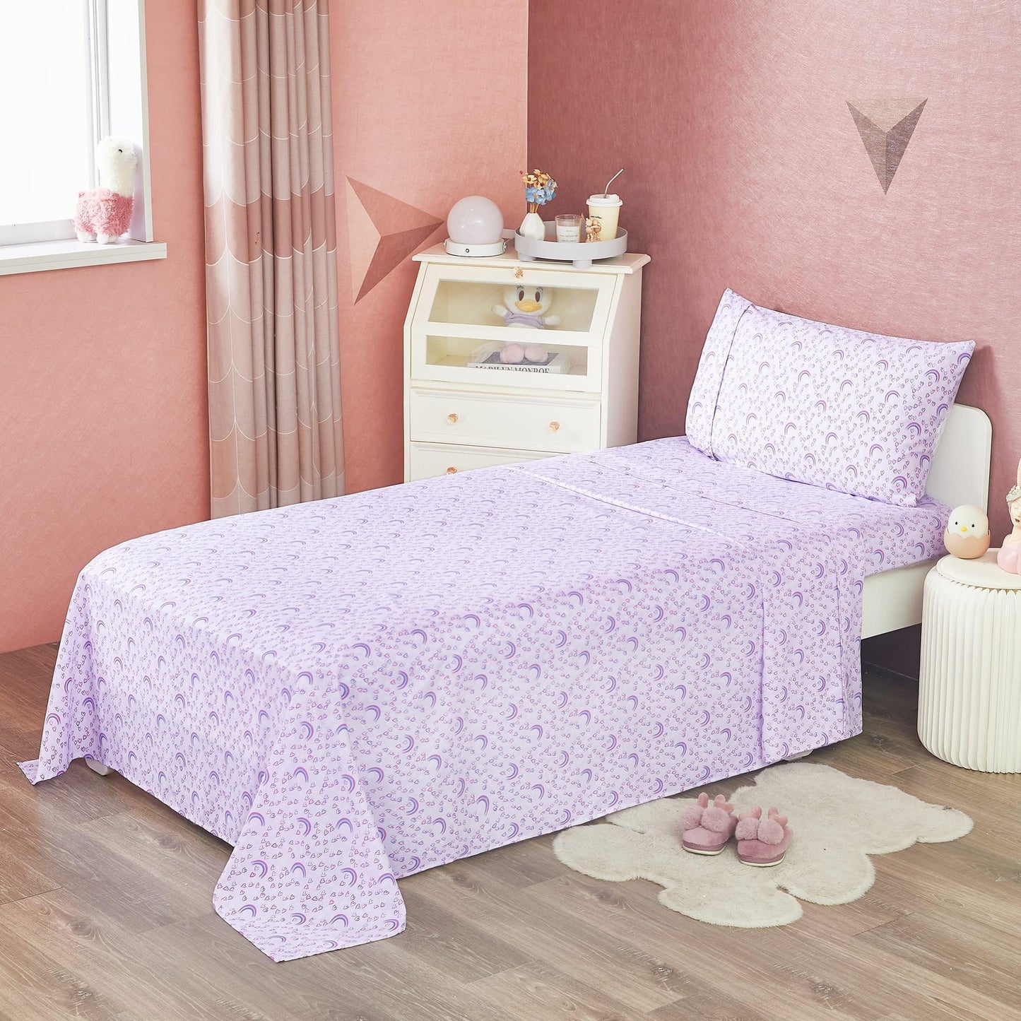 Softan Kids Bed Sheet Set, 3-Piece Twin Sheets Set, Microfiber Fitted Sheet with 15 Inches Deep Pocket and Corner Straps, Breathable & Silky Soft Purple Love Rainbow Pattern Sheet and Pillowcase Sets
