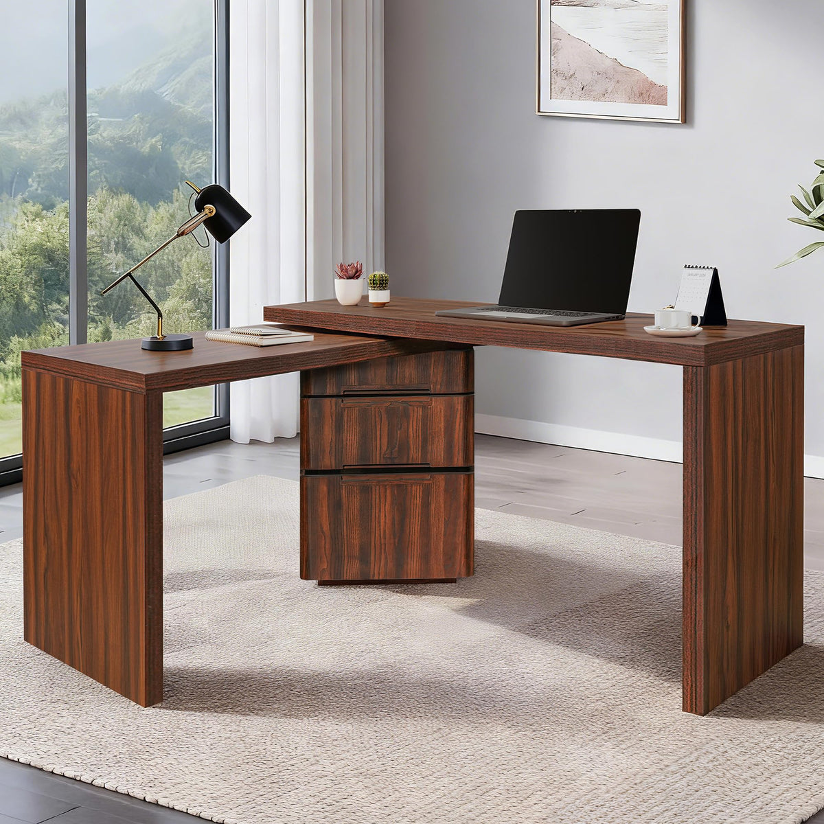 Merax 360° Rotating L-Shaped Desk with 3 Drawers | 90" Modern Corner Computer Desk for Home Office, Living Room, Executive Writing Study Work, Walnut