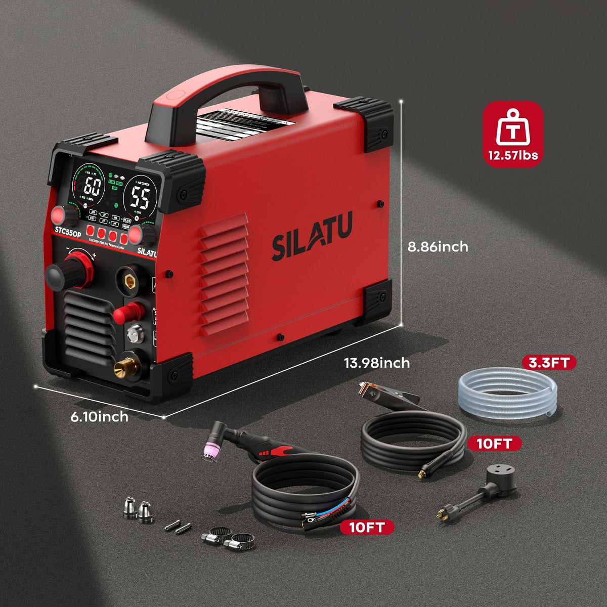SILATU Plasma Cutter, STC550P 55Amps Pilot Arc Plasma Cutter Machine, 110/220V Dual Voltage LED Display Air Sensor, 9/16'' Clean Cut 7/10'' Max Cut, Mesh Cutting, PT/2T/4T for Beginners DIY (Red)