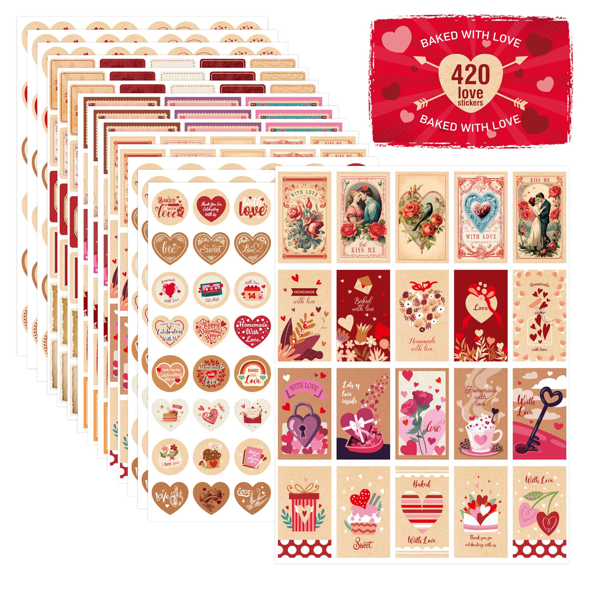420 PCS Kraft Valentine Stickers, Vibrant Heart Stickers Self-Adhesive Love Decoration Labels, Use for Couple, Valentine's Day, Gifts, Wedding, Anniversary, Scrapbook Decors (15 Sheets)