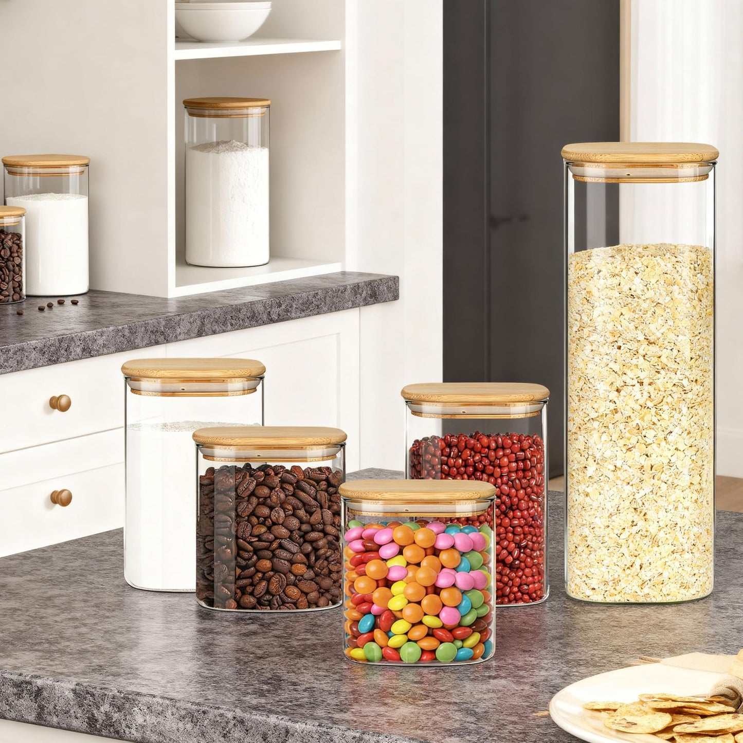 Glass Storage Containers with Airtight Bamboo Lids Muti Size Set of 5,Pantry Food Glass Jar with Lid,Perfect for Kitchen Organization-Nuts,Flour, Rice, Pasta, Sugar, Coffee Beans, Accessories Included