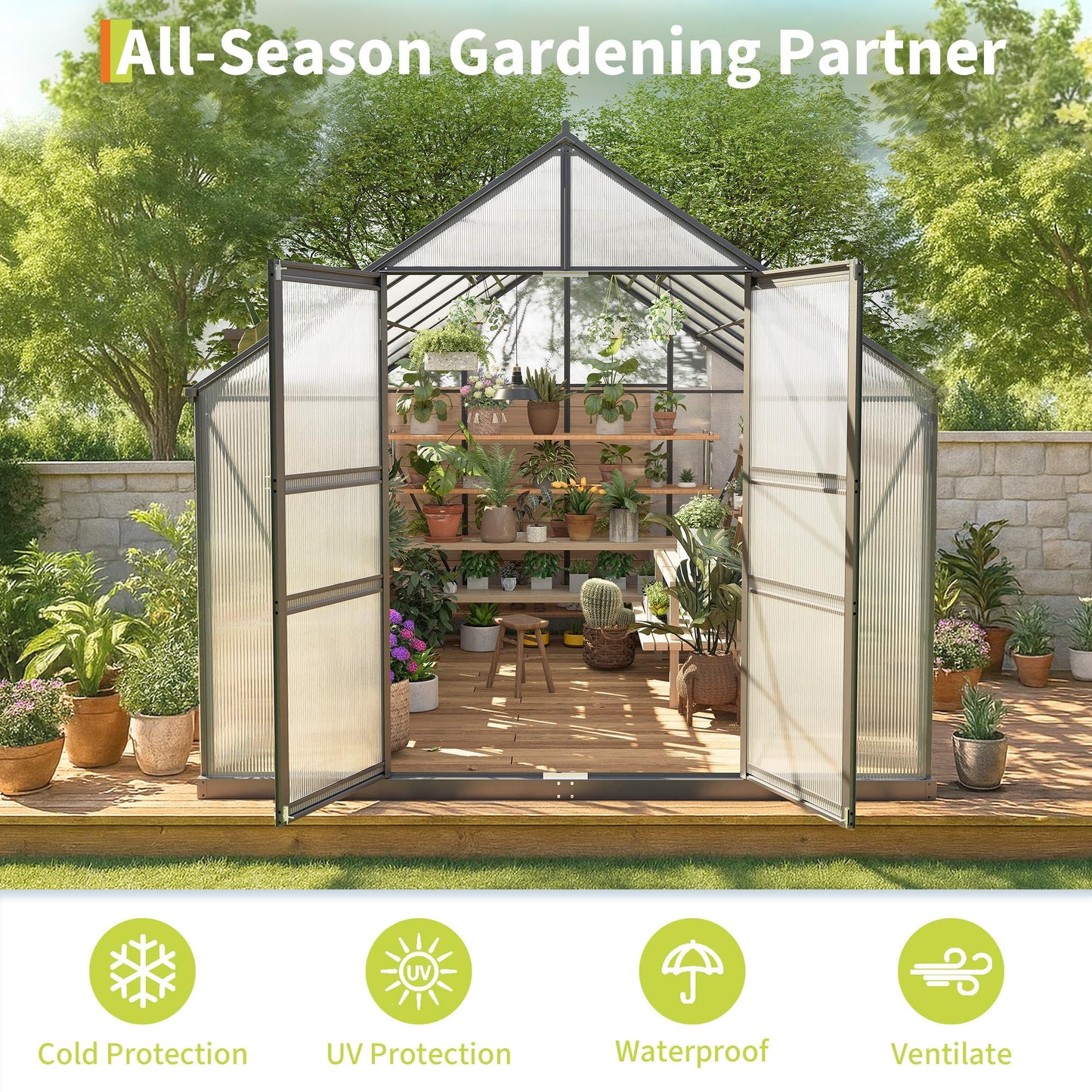 8×12FT Polycarbonate Greenhouse for Outdoors, Large Walk in Green House Kit and Winter Garden Planting, Enhanced Aluminum Green Houses for Outside to Protect Vegetables or Plants