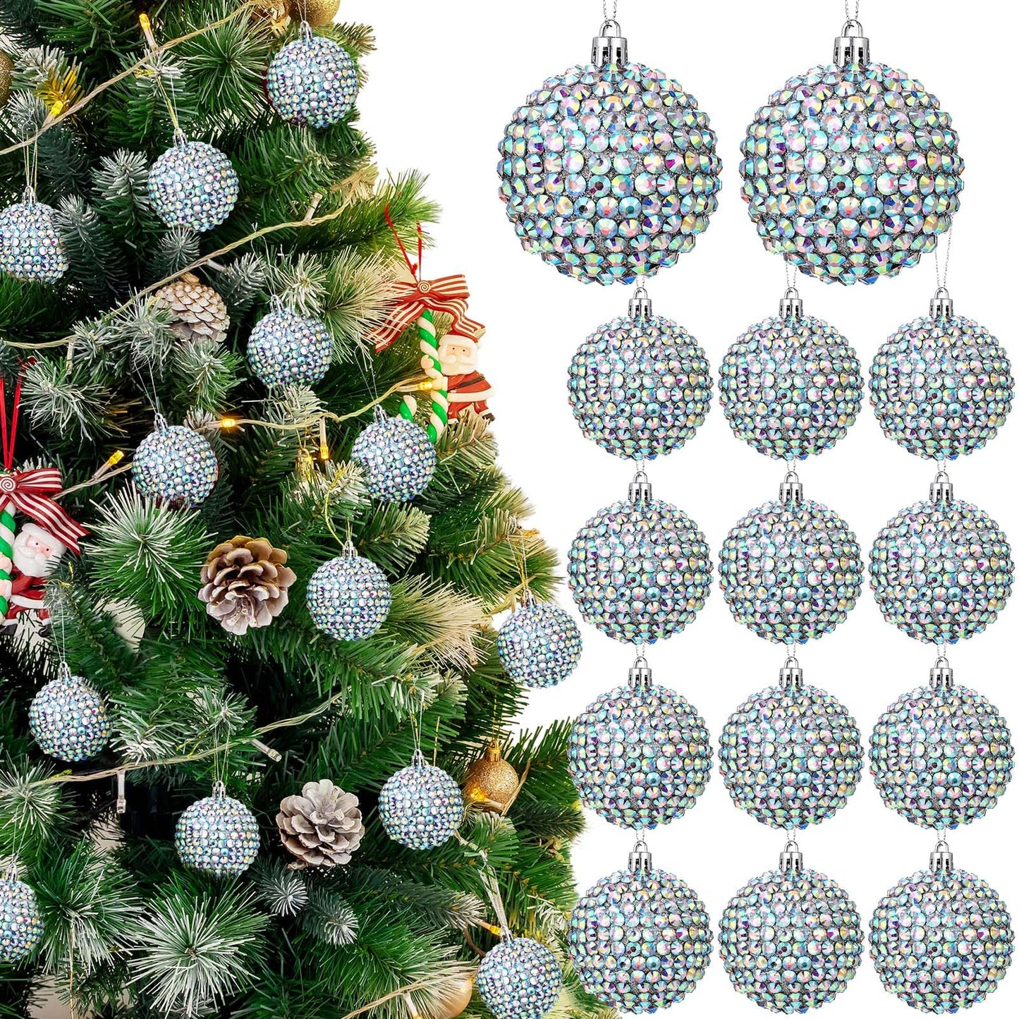 Sosation 12 Pcs Rhinestone Christmas Ornaments Ball 2.36 Inch Sparkly Glitter Christmas Tree Decoration Silver Glitter Xmas Hanging Balls for Xmas Gifts Home Decoration Wedding Party
