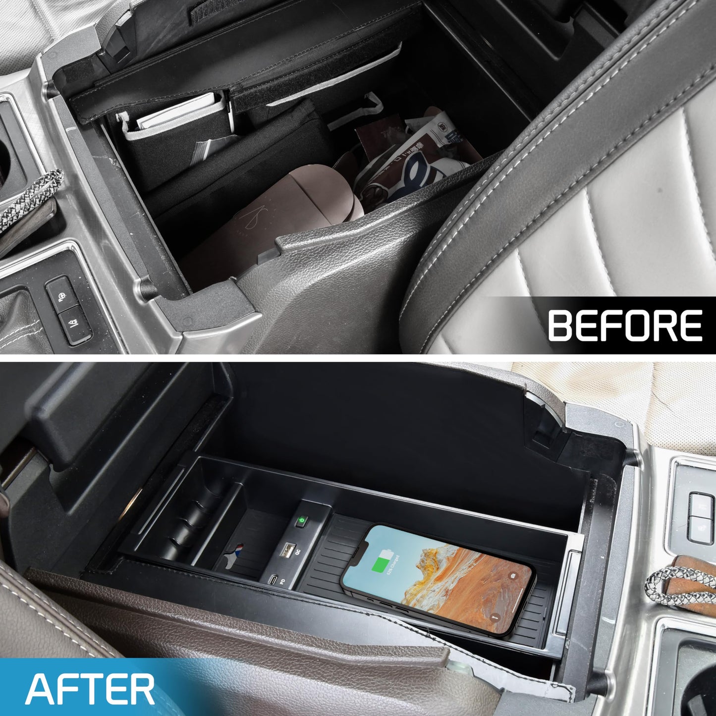 POKIAUTO Wireless Charger for F150 2009-2023, Center Console Organizer Box Fast Wireless Chargering with USB-A USB-C Port for Ford F150 2009-2021 2022 2023 Accessories