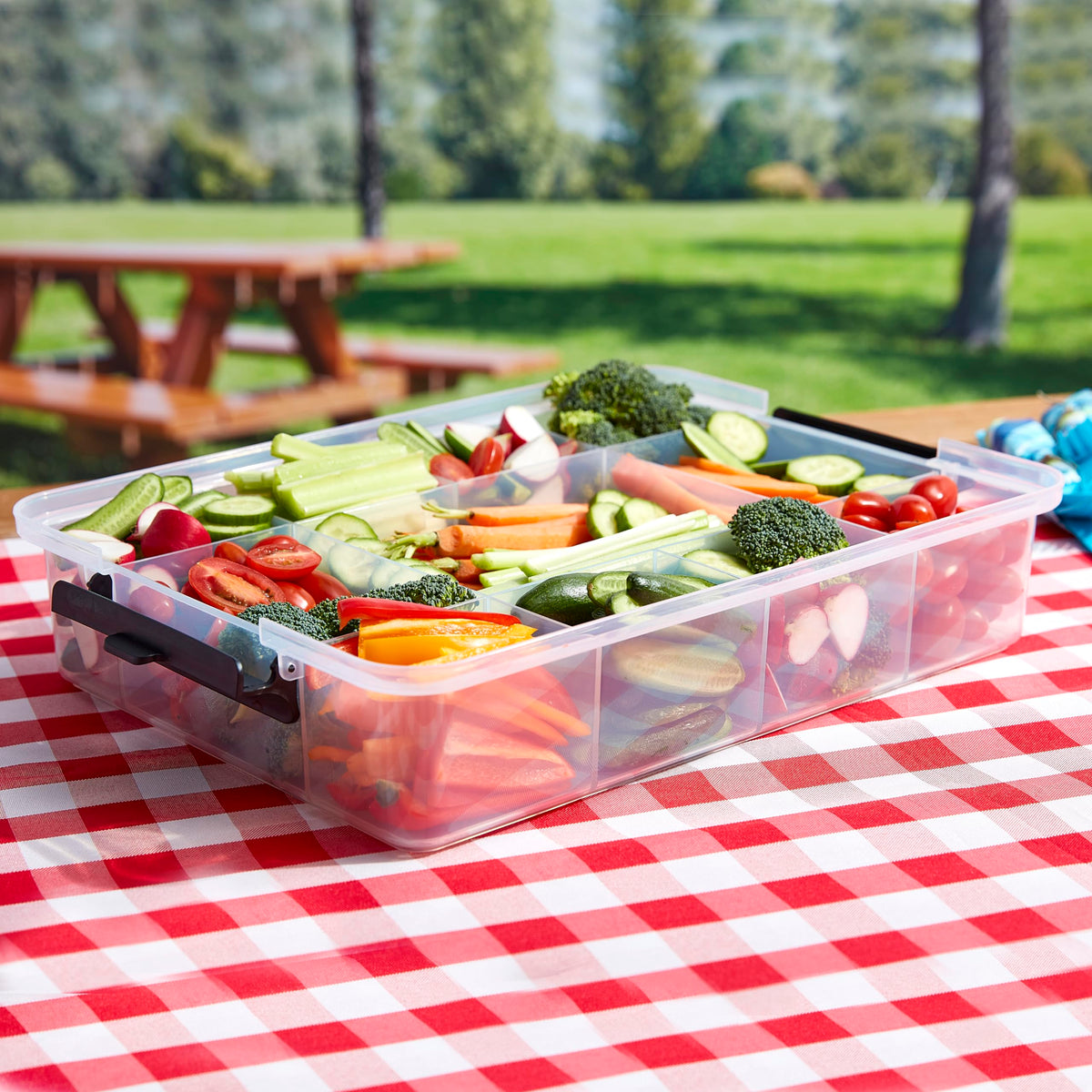 Farberware Snacklebox 11x16 Inch Bamboo Cutting Board Lid with 11-Compartment PP Snack Box, Locking Handles for Travel - Charcuterie Board with Lid for Picnics, Road Trips, and Outdoor Entertaining
