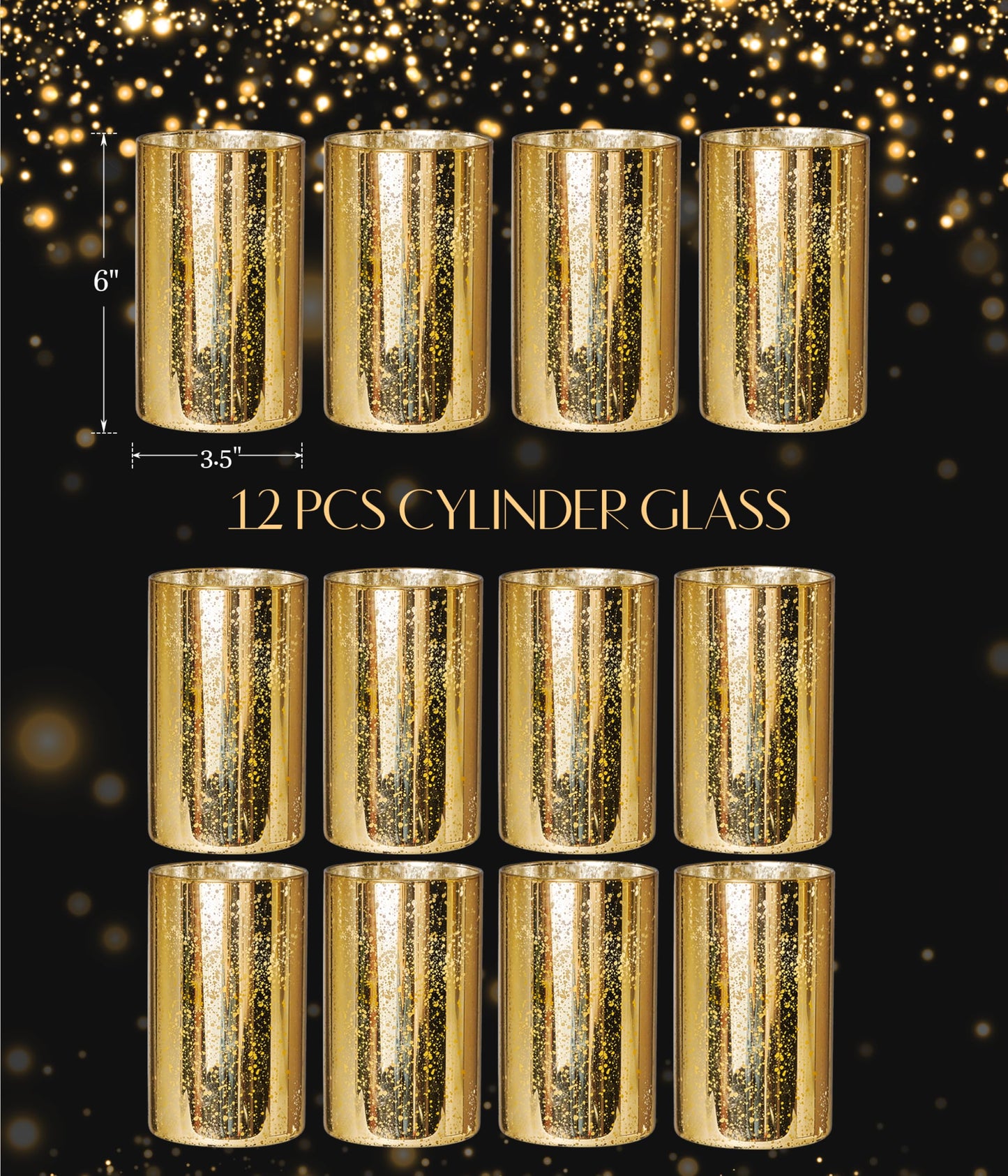 Willceka Gold Cylinder Vases for Centerpieces, Modern Glass Vase Set of 12 Decorative Hurricane Candle Holder for Pillar Candle Holders Flowers for Table Centerpiece