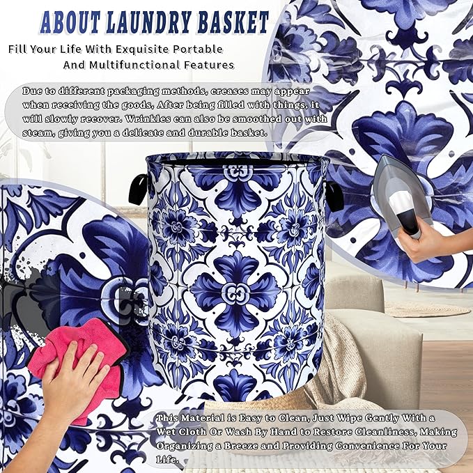 Blue and White Mexican Tile Laundry Basket Oxford Cloth Foldable Boho Laundry