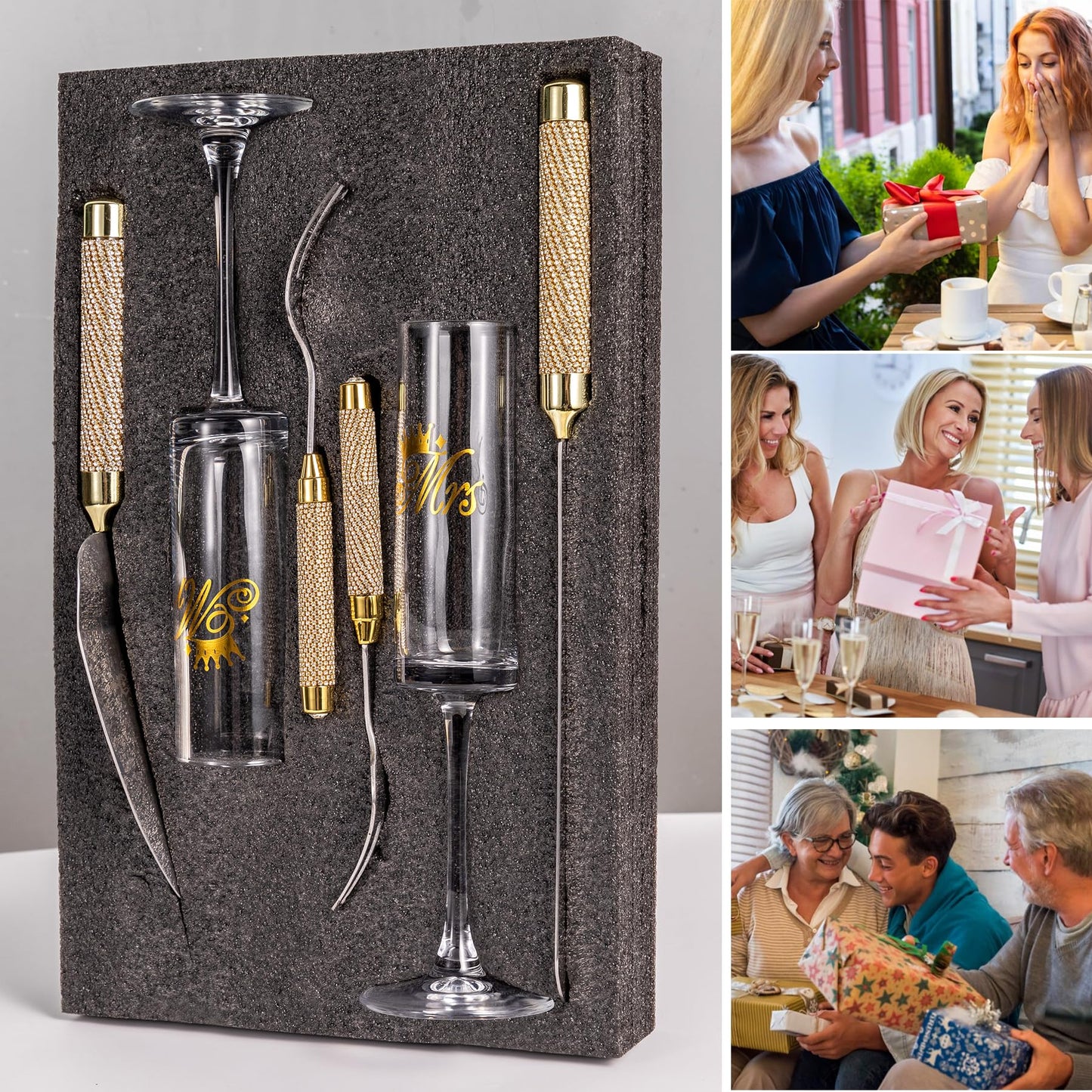 Wedding Cake Cutting Set, Champange Flutes with Cake Knife and Server Set for Bride and Groom Anniversary Engagement Bridal Shower Gifts