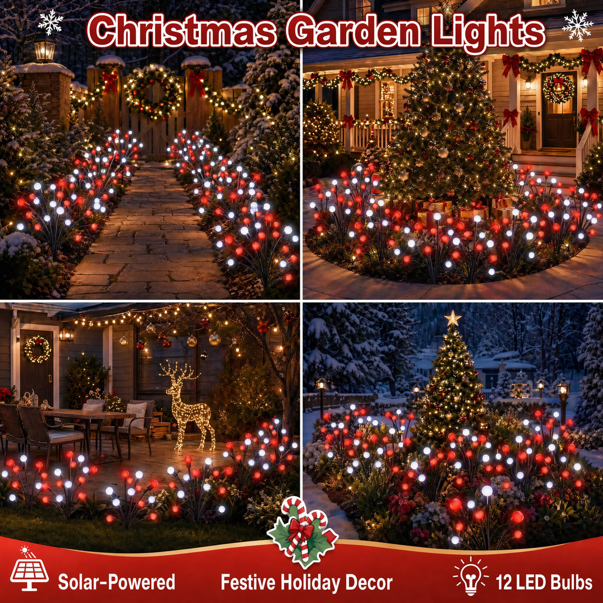 Sukesou Solar Christmas Firefly Lights, 2 Pack 6LED Red & White Solar Garden Stake Lights, IP65 Waterproof Auto On/Off Solar Powered Pathway Lights for Yard Patio Christmas Outdoor Decor