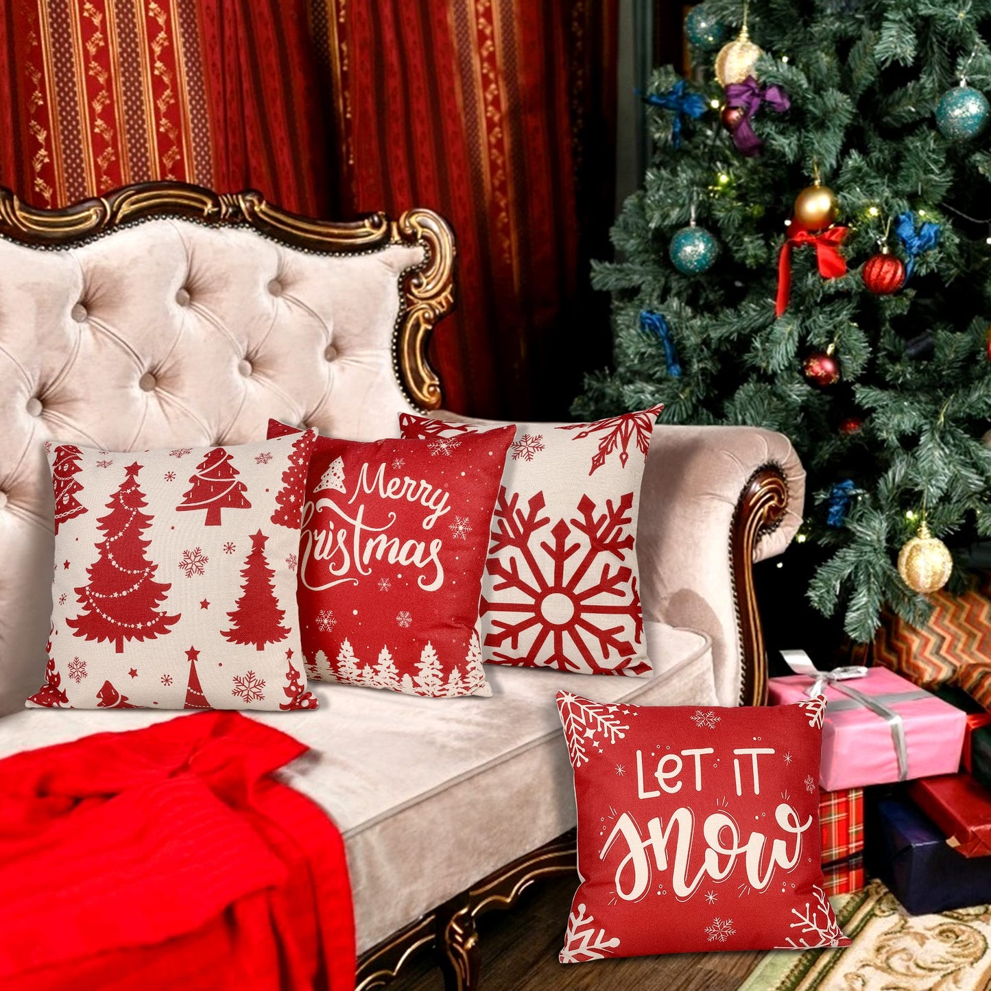 ButyHome Christmas Pillow Covers 18x18 Set of 4 Red Plaid Throw Pillowcase Christmas Decorations Deer Snowflake Farmhouse Linen Cushion Pillow Case for Home Decor Holiday Decorative
