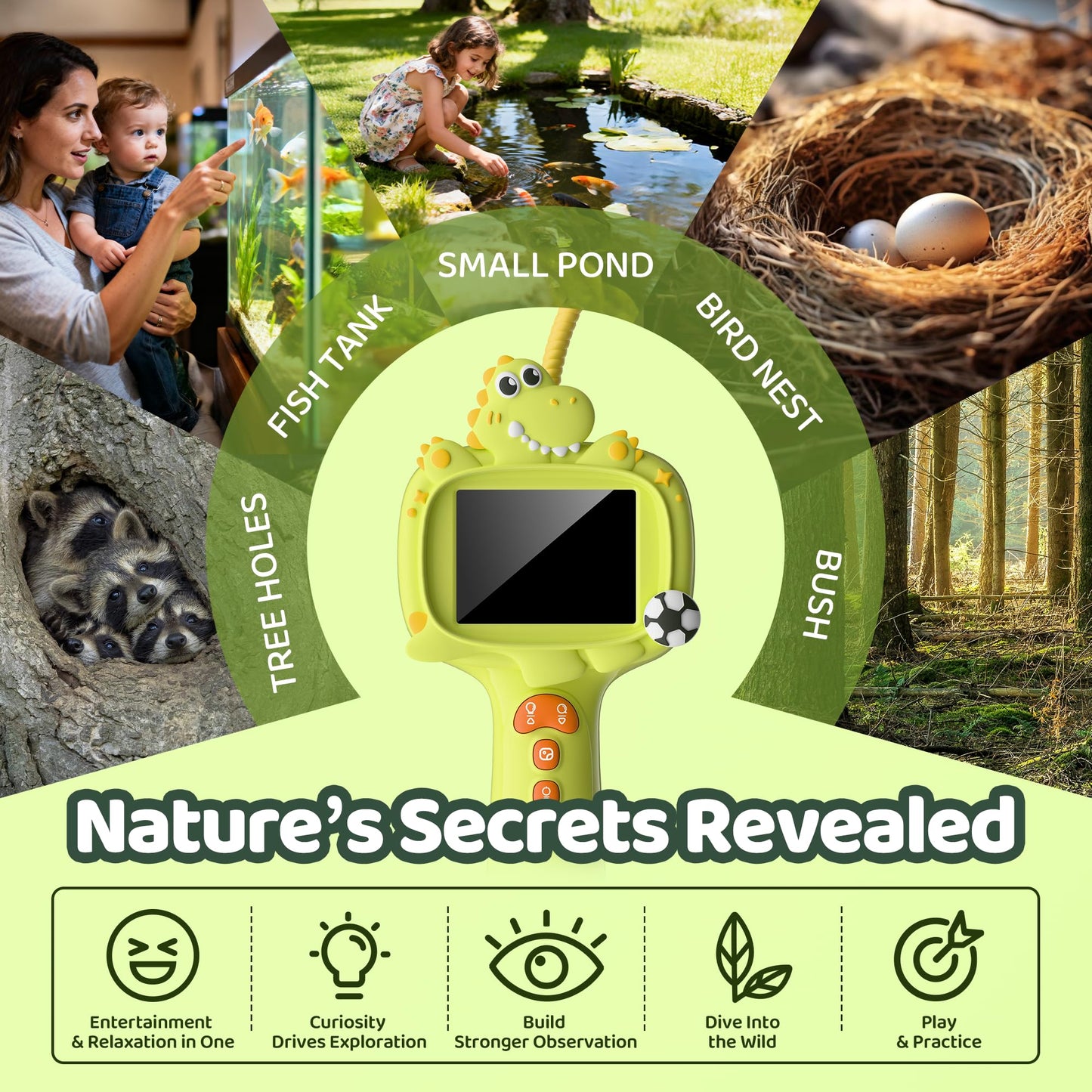 Dinosaur Borescope Snake Camera Toy: Kids Outdoor Toy Kits, Camping Exploration Portable Toy with Lights & 2.4" Screen, Educational STEM Birthday Gift for Boys & Girls 4 5 6 7 8 9 10-Year-Old