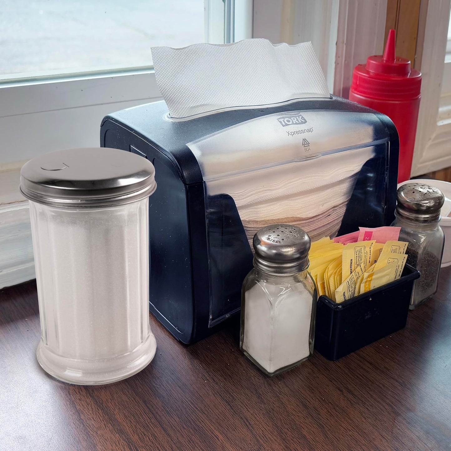 2 Pack Salt Sugar Shaker dispenser - Powder Sugar Dispenser Canisters - Glass Sugar Container with lid - Spice, Cinnamon, Baking Soda, Pourer Bottle Jar holder for Coffee Bar or Kitchen Countertop