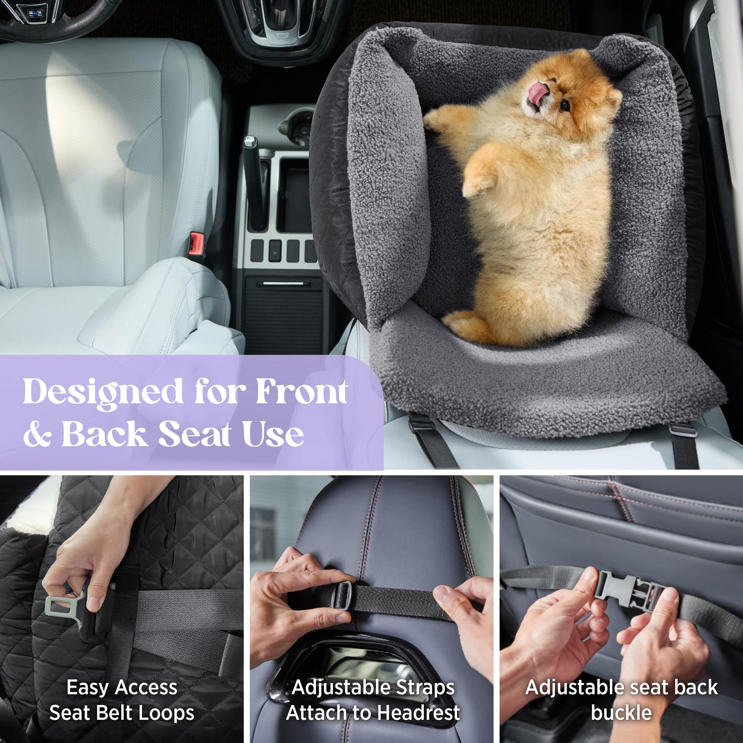 Lesure Small Dog Car Seat - Waterproof Dog Booster Seat, Puppy Car Bed With Clip-On Leash for Pet Travel Carrier Bed, 54.5x49.5x38cm, Black