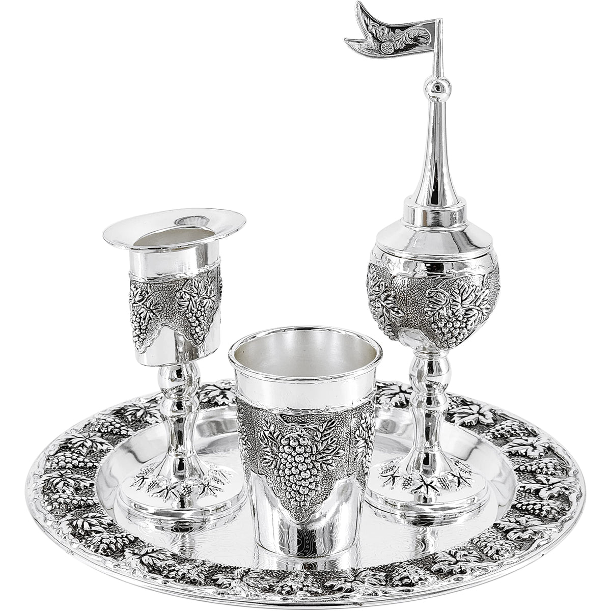 The Dreidel Company Havdalah Set, Grape Theme Wine Goblet, with Candle and Spice Incense Holders, Silver Plated