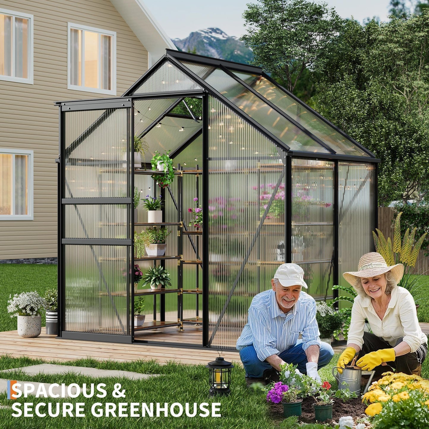 6x4FT Greenhouse for Outdoors, Walk-in Polycarbonate Greenhouse with Sliding Door, Adjustable Roof Vent & Gutter System, Portable Outdoor Green House Kit for Winter Gardening