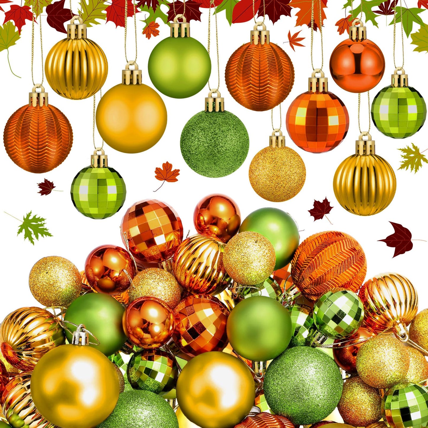 Lunmon 64 Pcs Fall Ball Ornaments Matt Glitter Lime Green Gold Orange Tree Ornament 1.6/1.97/2.4 Inch Autumn Thanksgiving Hanging Bulbs Fall Decorations for Home Tree Holiday Office Party Decor