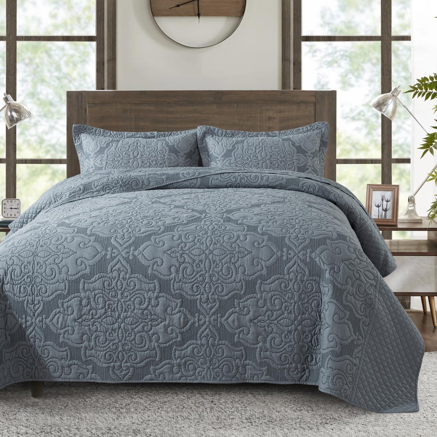 NEWLAKE Reversible Quilt Bedspread Embroidered Microfiber Coverlet Set,Jacquard Embossed Floral,Grey, Queen Size