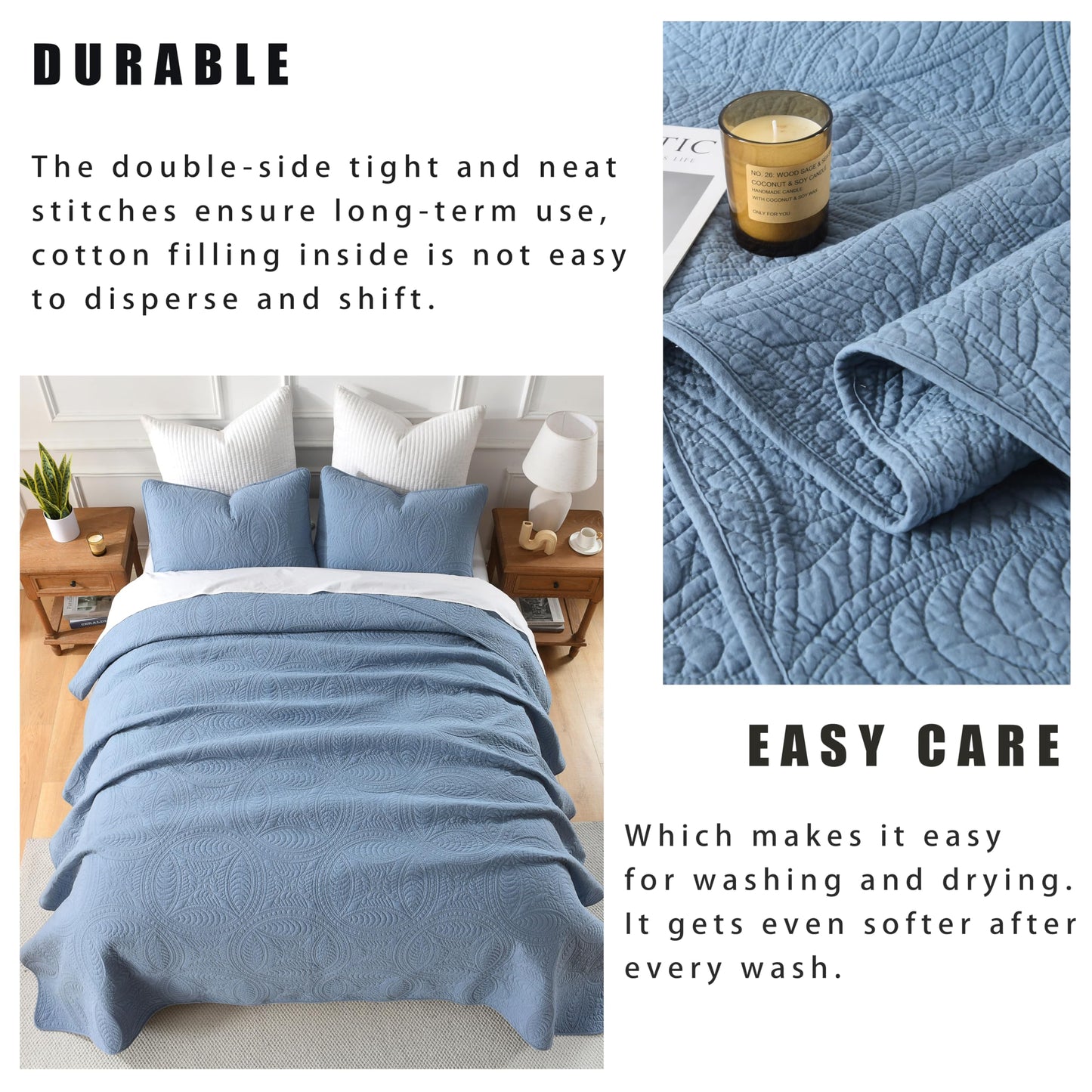 Homzard Quilts Queen Size 100% Cotton Quilt Set, Dusty Blue Queen Size Bedspread Set,Coin Pattern Quilted Bedspread Set,Solid Modern Comforter Set Coverlet 3 Piece Bed Set, All Season