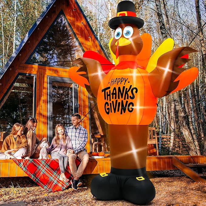 14FT Thanksgiving Turkey Inflatables, Extra Large Blow Up Thanksgiving Turkey Wearing Pumpkins, Pre-lit Happy Thanks Giving Outdoor Inflatable Decorations