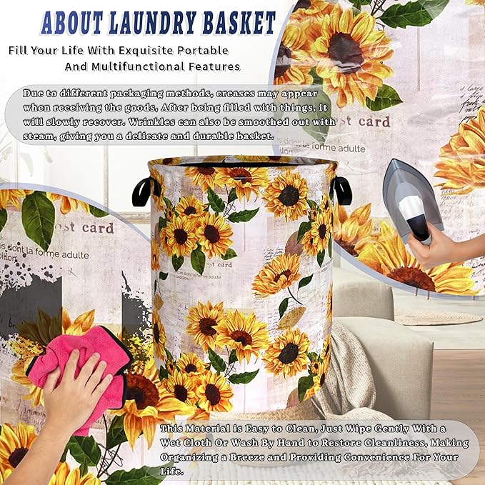 Vintage Sunflowers Laundry Basket Oxford Cloth Foldable Yellow Floral Laundry