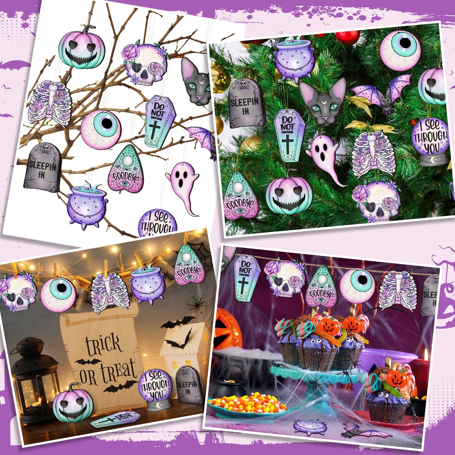 Maitys 36 Pcs Gothic Christmas Ornaments Wooden Horror Spooky Tree Ornaments Purple Pink Ghost Black Cat Skull Pumpkin Wood Cutouts with Rope Gothic Christmas Decor for Tree Home Wreath Party Gifts