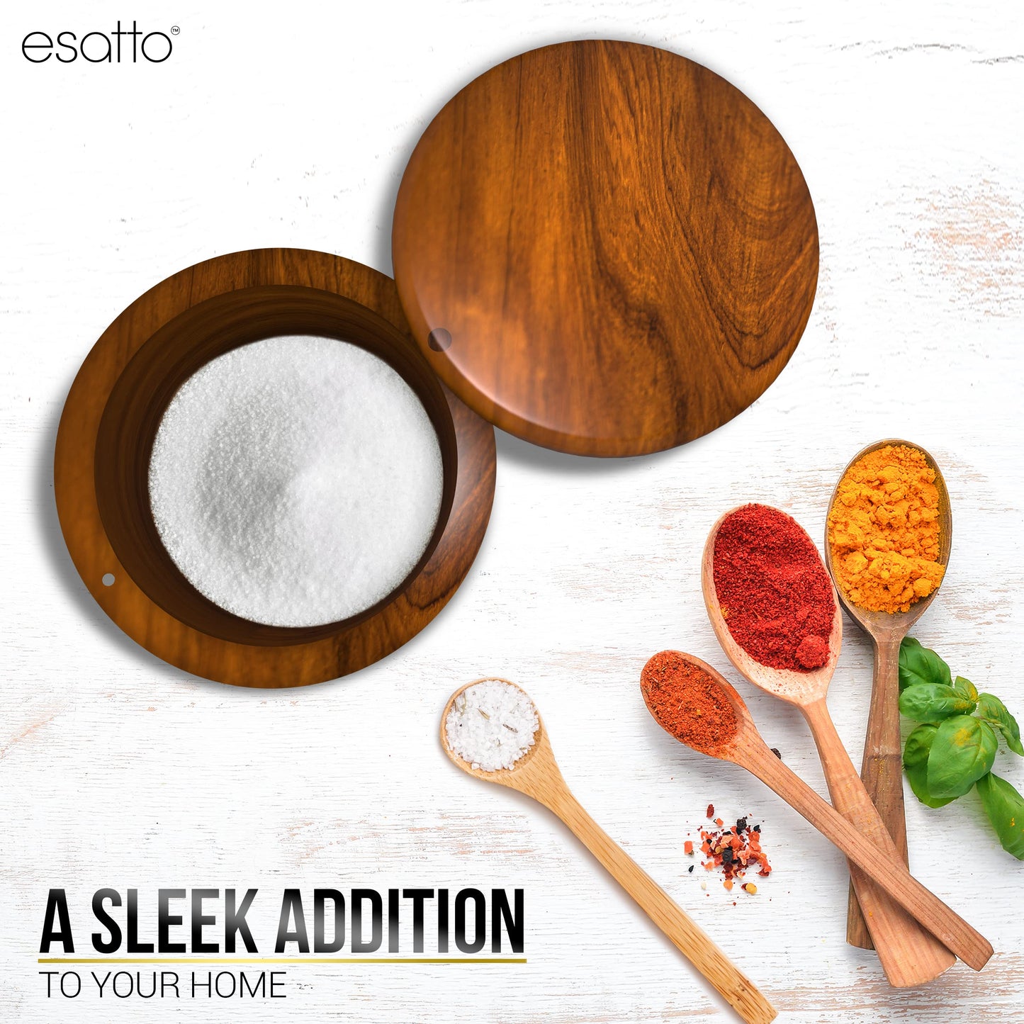 Esatto Round Acacia Wooden Salt Box, Magnetic Swivel Lid, Salt pepper or Spice Storage Box, 2 Wine Pourers Included