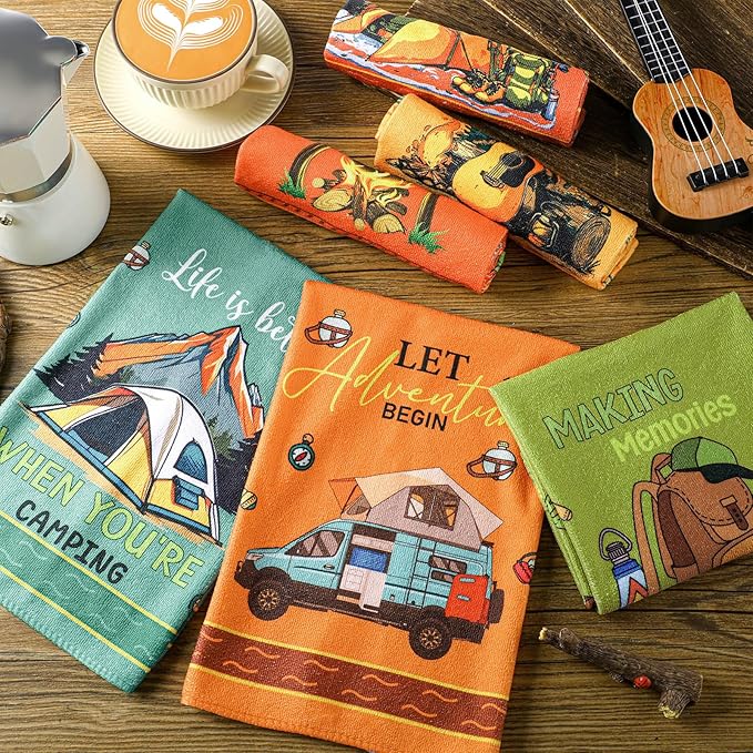 Boyiee Set of 6 Camping Kitchen Towels Absorbent Dishcloths Bonfire Tent Car