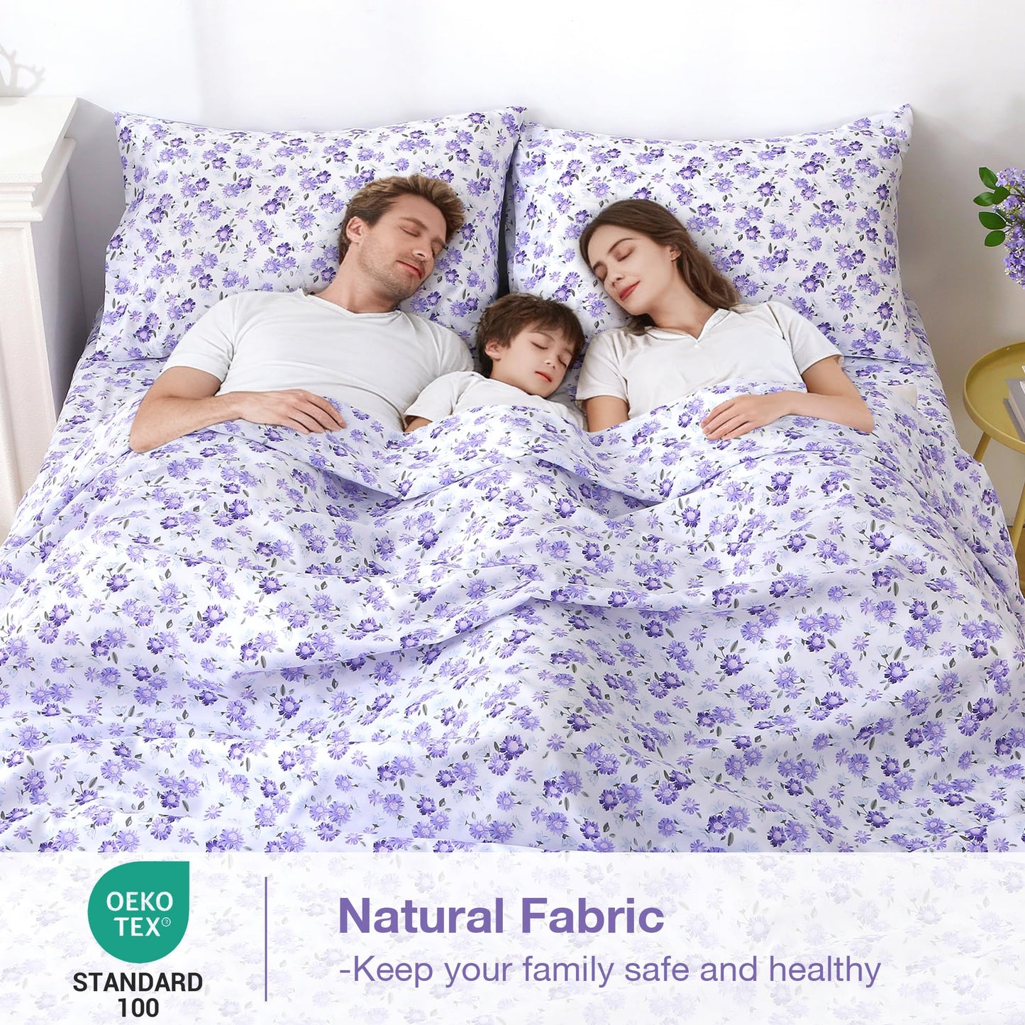 Softan Puple Floral King Sheet Set, 4-Piece Microfiber Printed Fitted Sheet with 15" Deep Pockets & Non-Slip Straps, White Flower Patterned Bedding Sheets & Pillowcase Set