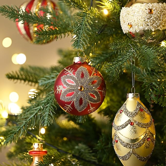 Valery Madelyn Glass Christmas Ornaments Set, 10ct Red Gold Mercury Blown Large Glass Christmas Tree Ball Decorations, Luxury Hanging Teardrop Finial Faceted Reflector Decor