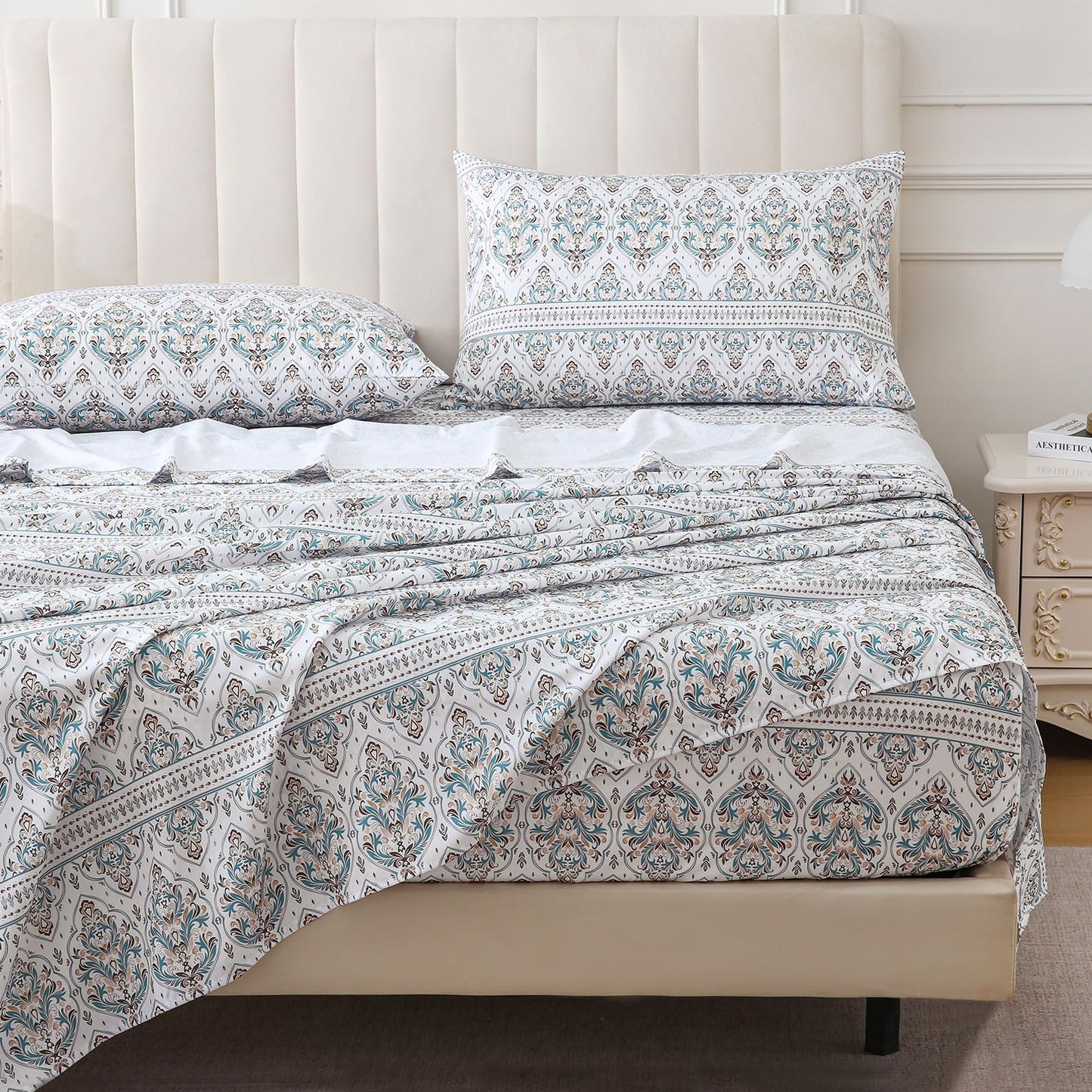 ChicView King Size Paisley Printed Sheet Set,4 Pieces Boho Style Breathable Soft Microfiber Bedsheets, Anti Pilling Deep Pockets Easy Care Bed Sheets, White Green