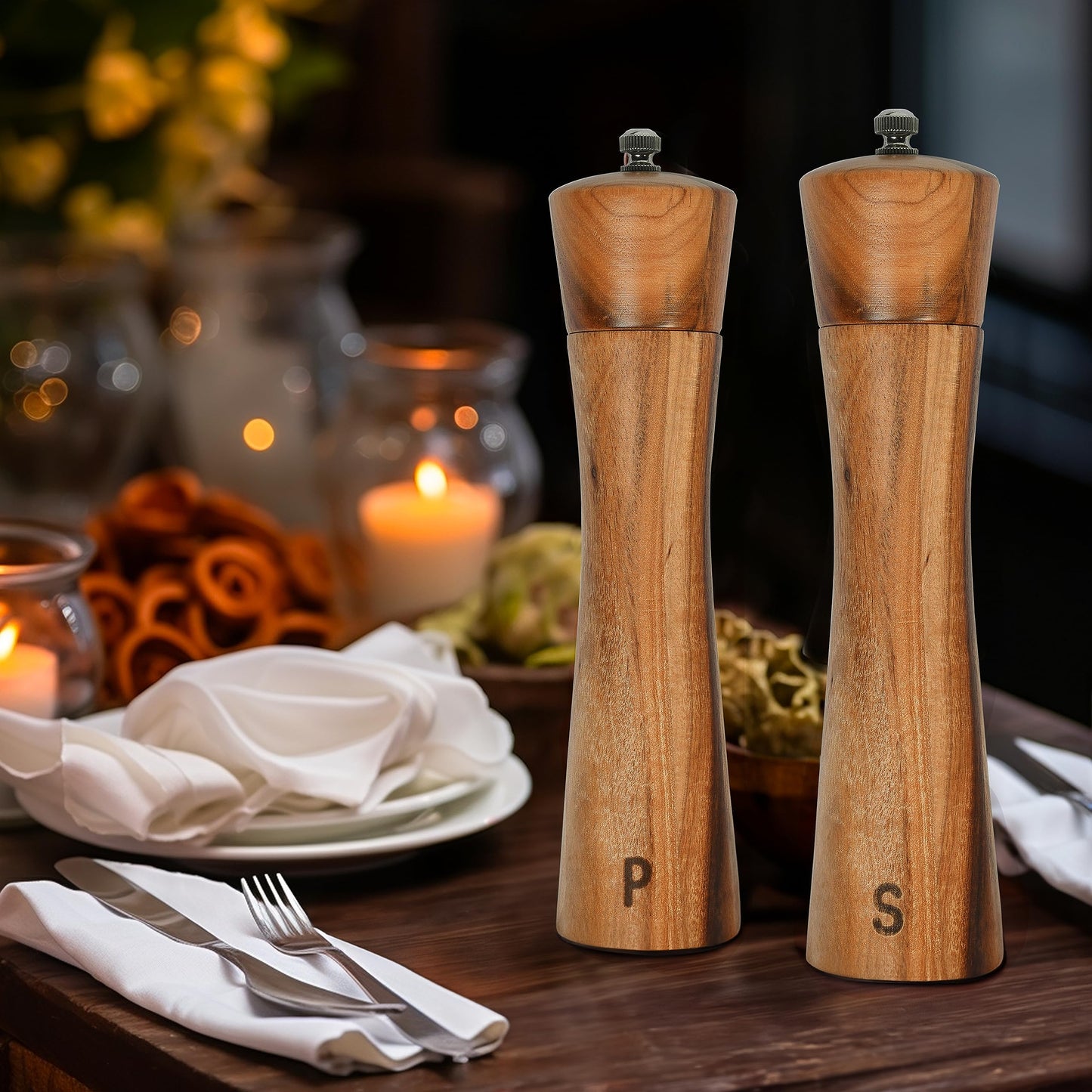 Finnhomy Salt and Pepper Grinder Set, Acacia Wood Adjustable Coarseness Pepper Mill with Wooden Stand, Cleaning Brush & Spoon, Pepper Grinder Refillable, 2 Pack Salt and Pepper Shakers, 8.5 Inches