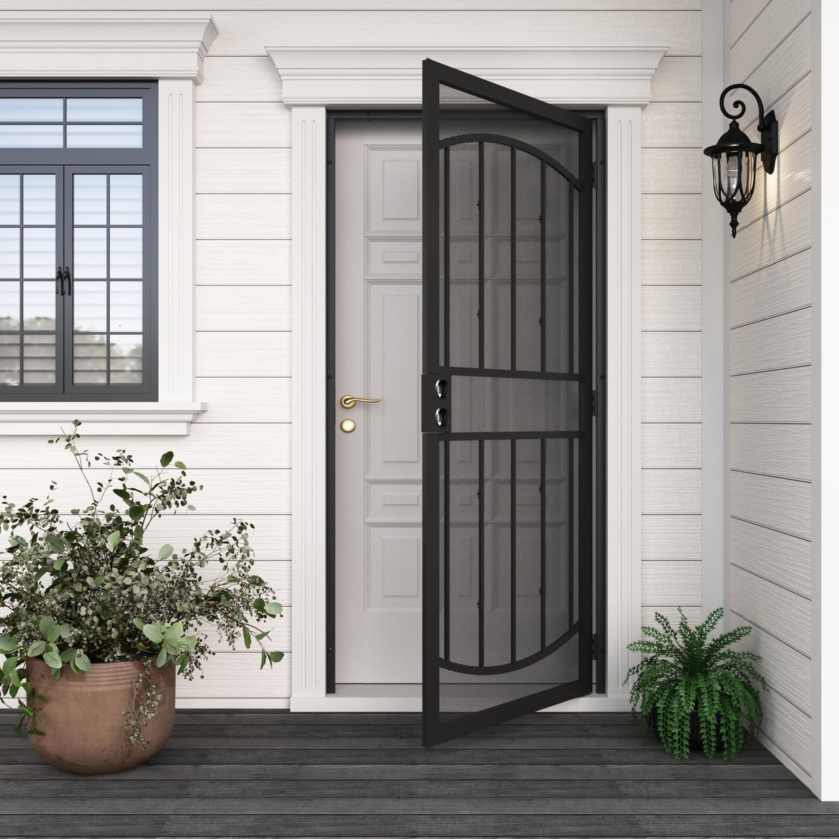 JUBEST 36" x 80" Steel Security Door, Universal/Reversible Outswing Security Screen Door, Black Powder-Coated Surface Mount Frame with Expanded Metal Screen, Rust-Resistant, No Handles Included