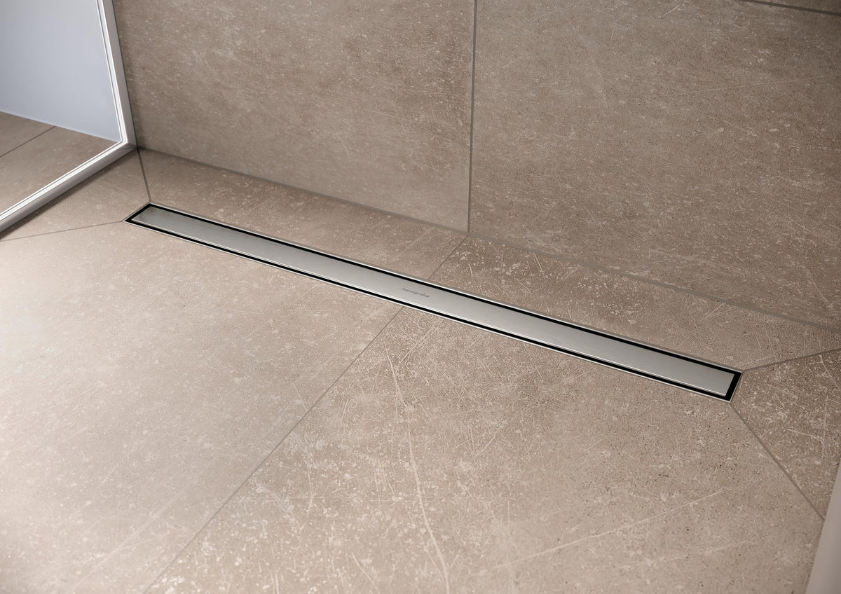 hansgrohe RainDrain Match Linear Tileable Shower Drain for 31 1/2" Rough with Height Adjustable Frame in Brushed Stainless Steel, Stainless Steel Rectangle Shower Floor Drain