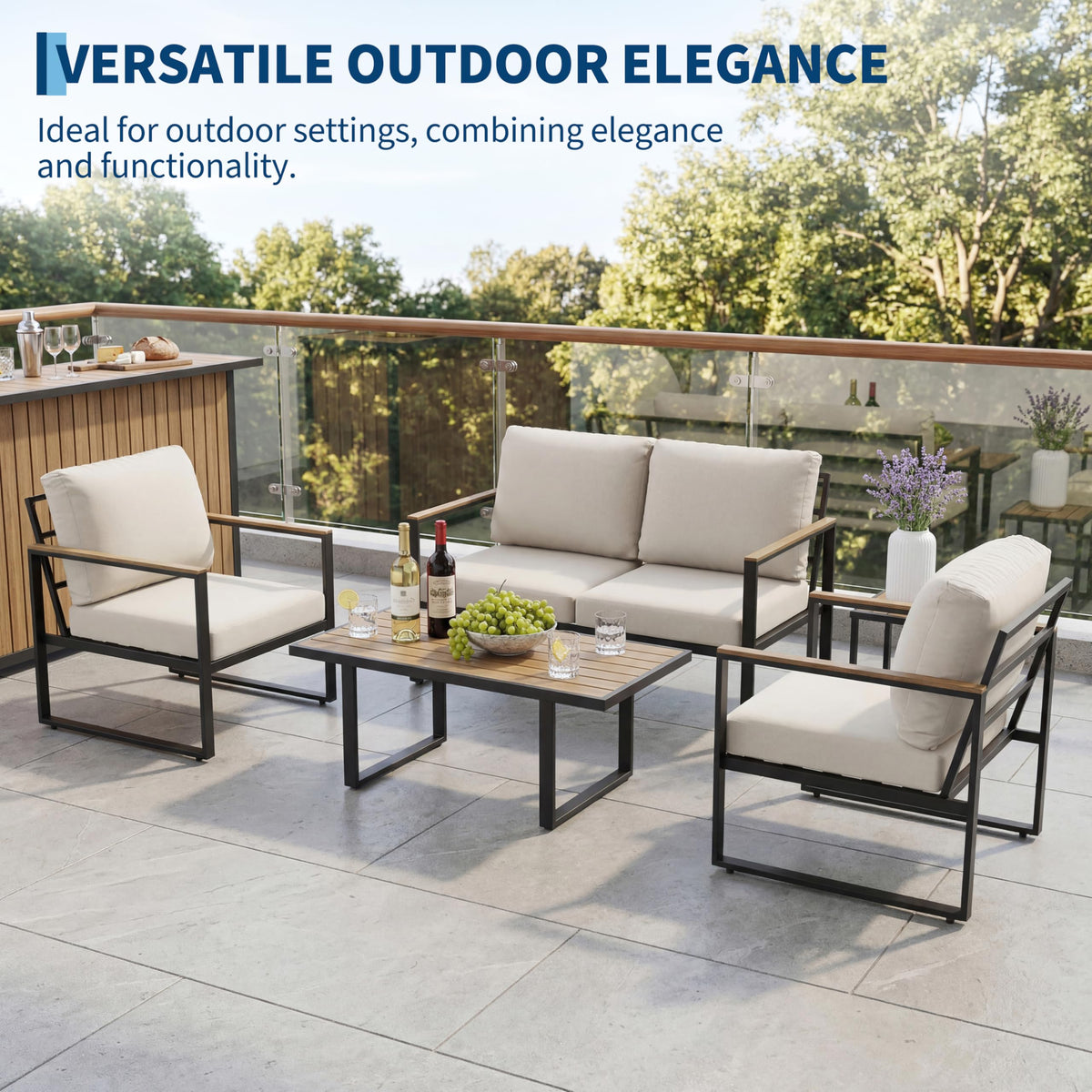 GarveeTech 4-Piece Aluminum Outdoor Sectional Sofa Set with Coffee Table, Patio Furniture Conversation Set for Porch, Poolside & Deck, Washable Thick Cushions (Beige)