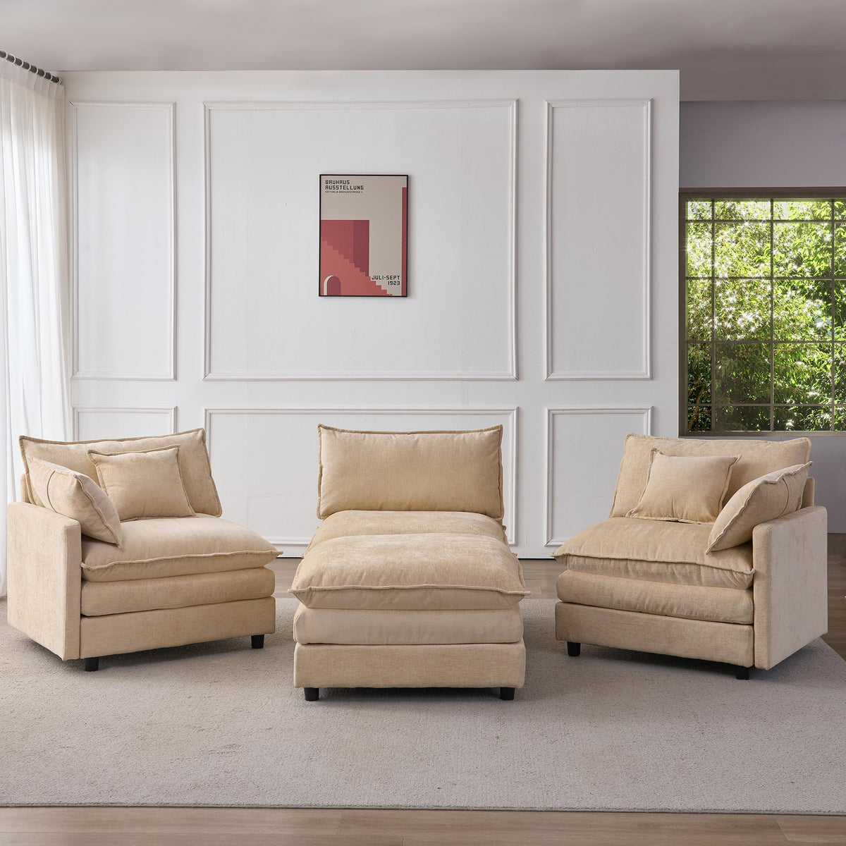 KEIKI 3 Seater Chenille Modular Sectional Couch Sofa with Ottoman, Double-Layer Seat Cushions & Back Cushions, Modern L-Shape Upholstered Cloud Soft Sofa Couches Chaise Lounge for Living Room
