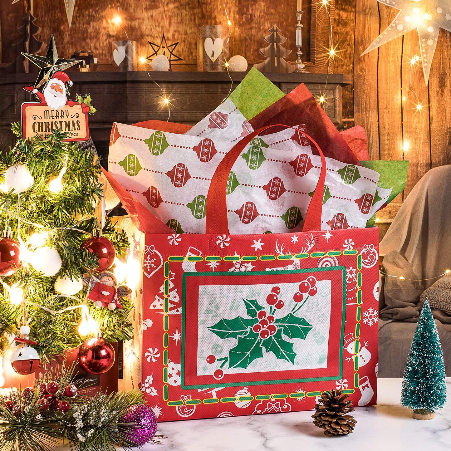 Whaline 12 Pack Large Christmas Gift Bags Reusable Non-Woven Tote Bags with Handles Christmas Grocery Shopping Totes for Holiday Xmas Gifts Party Favors, 12.8" x 9.8" x 6.7"