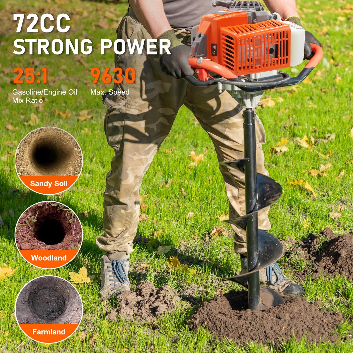 72CC Newly Upgraded Post Hole Digger Gas Powered, 2 Stroke Auger Post Hole Digger with 2 Drill Bits (6" & 8") + 1 Extension Rod for Planting - Ideal for Farm & Garden - Orange (72 CC)