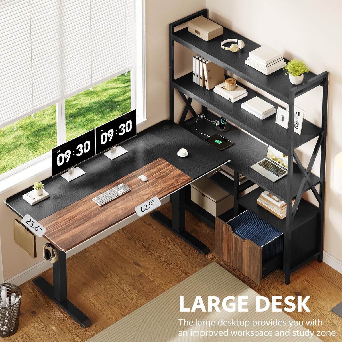 Homiflex 2-in-1 L Shaped Electric Standing Desk with Bookcase, 77.8'' Large Office Desk with Height Adjustable, File Drawer and Power Outlets, Variable Computer Desk Set for Home Office, Black
