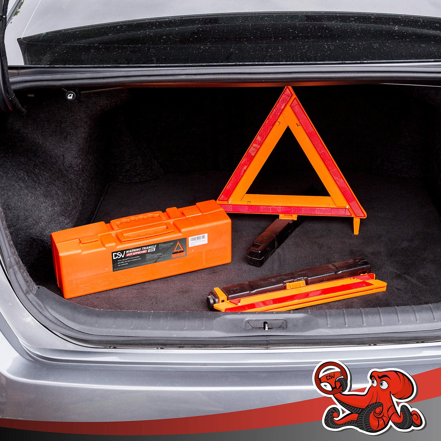 DSV Standard Warning Triangles, Safety Triangles DOT Approved, Plastic, 3 Pack, Reflective Triangles with Heavy Base, FMVSS 571.125 &Carrying Case Included