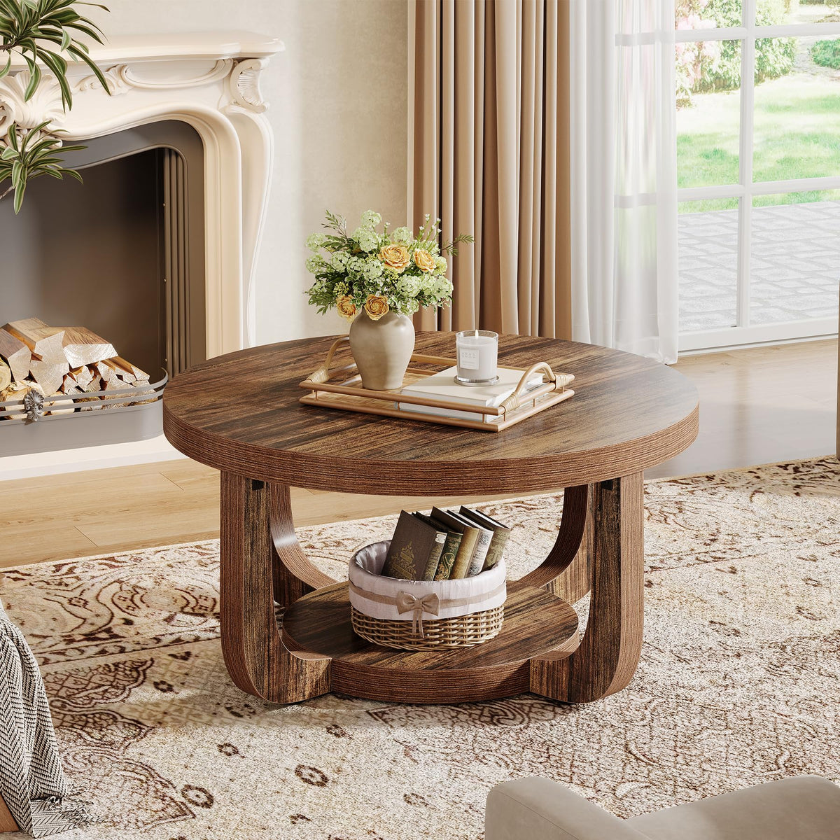 Tribesigns Round Coffee Table, 2-Tier Circle Coffee Table with Storage, Modern Wooden Accent Center Table for Living Room, Thick Tabletop & Base, Dark Brown