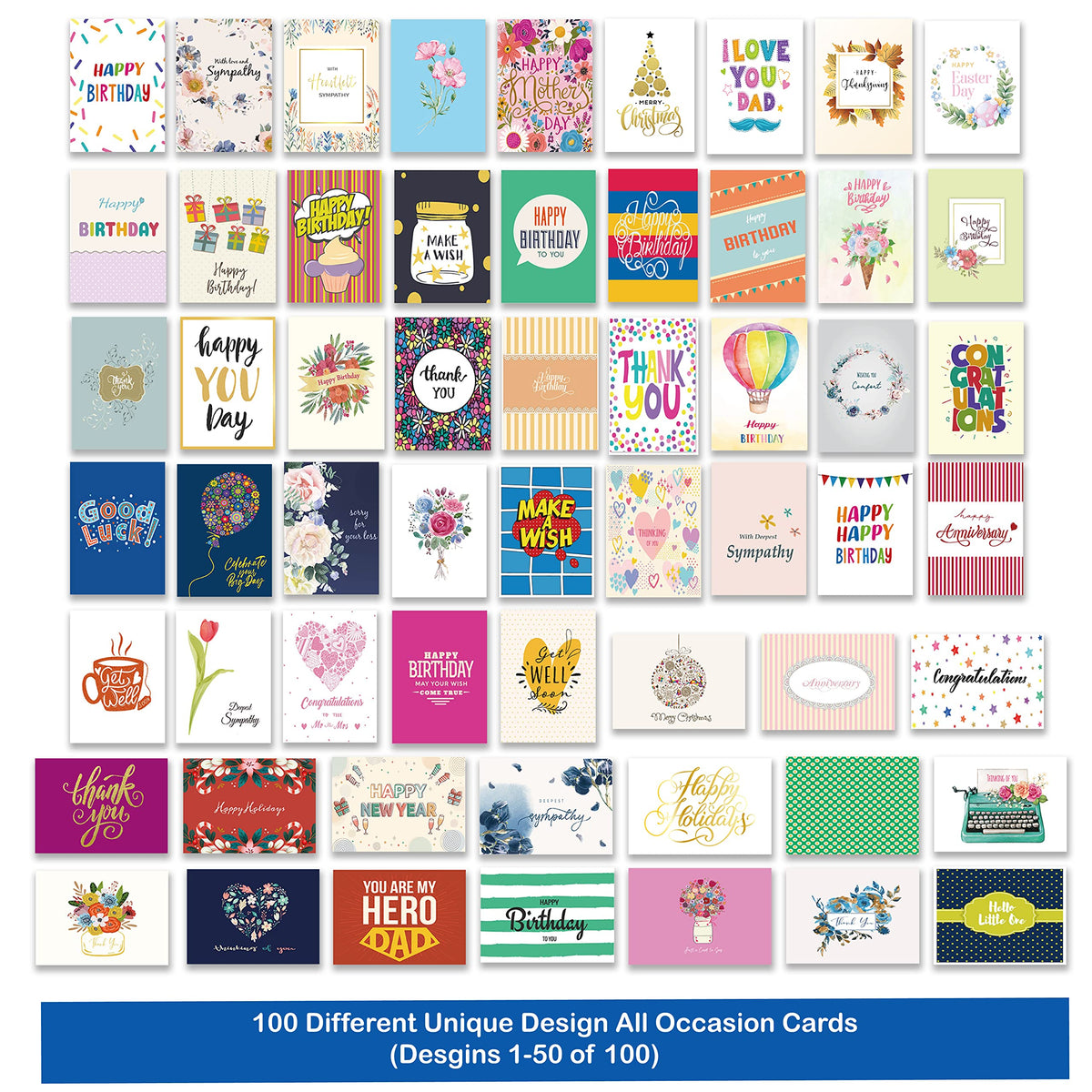 Janvale 100 All Occasion Cards Assortment Box with Color Envelopes,All Occasion Cards Set with Greeting Inside, Large 5 x 7 inch Cards with Stickers and Dividers