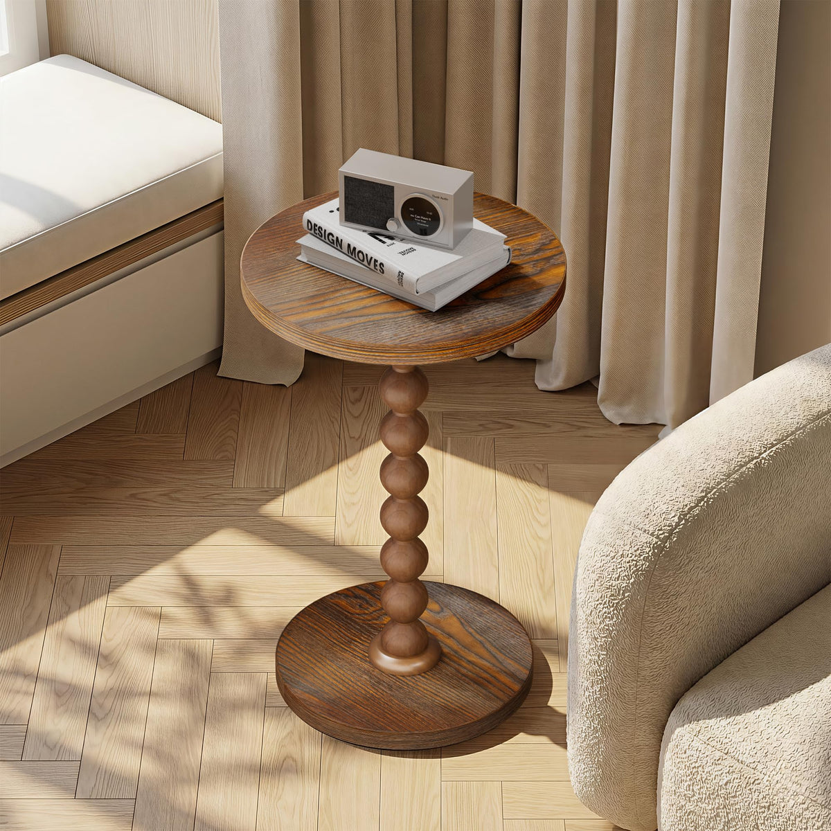 TEROL Round Side Table, Drink Table for Small Spaces, Modern Accent Nightstand with Rubberwood Leg for Living Room, Bedroom, Corners, and Office (Brown)