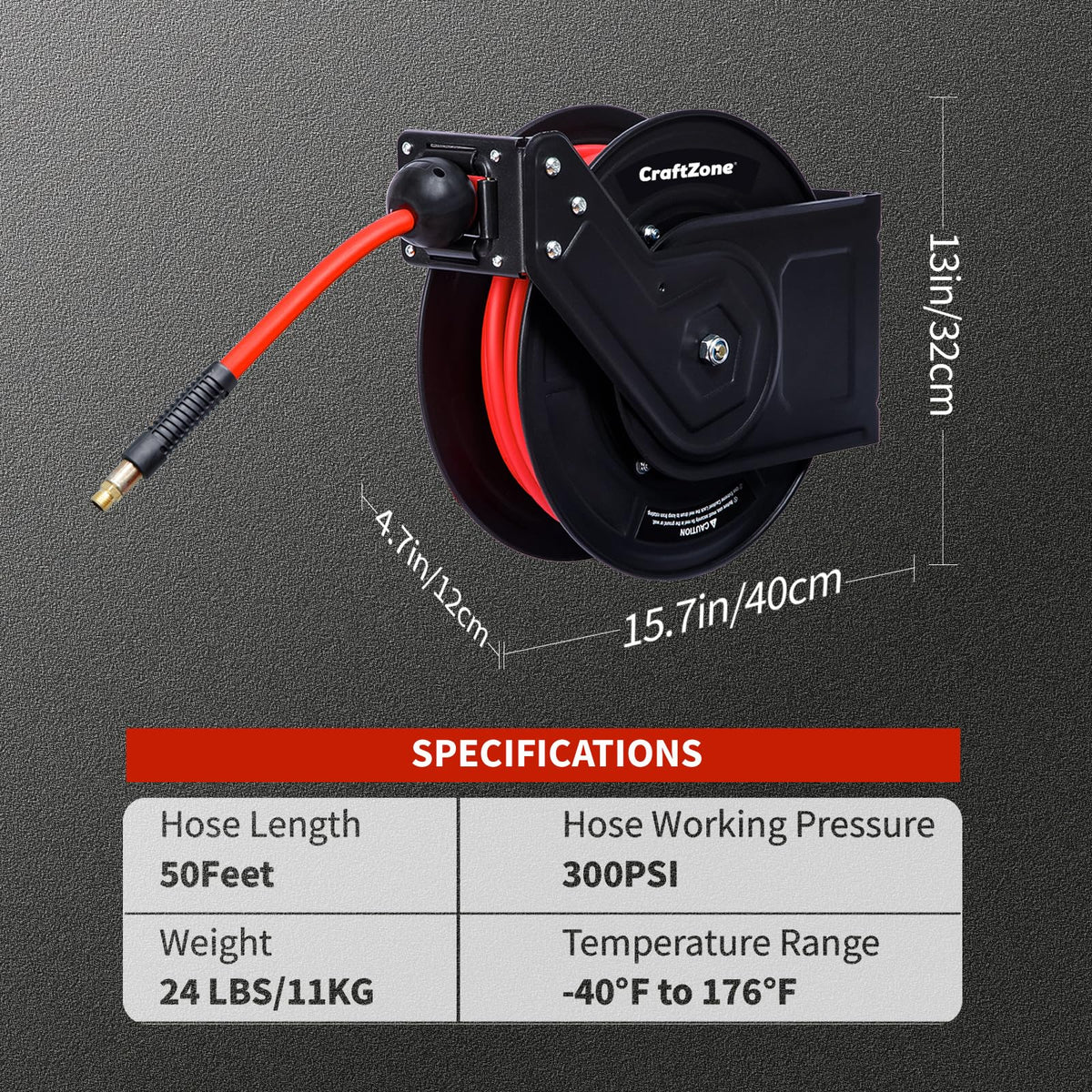 Retractable Air Hose Reel | Rewind 50 ft x 3/8 in Hybrid Air Hose Max 300PSI | Heavy Duty Air Compressor Hose Reel with Auto Rewind and Bracket | Ceiling|Wall Mount for Garage|Workshop|Home Studio