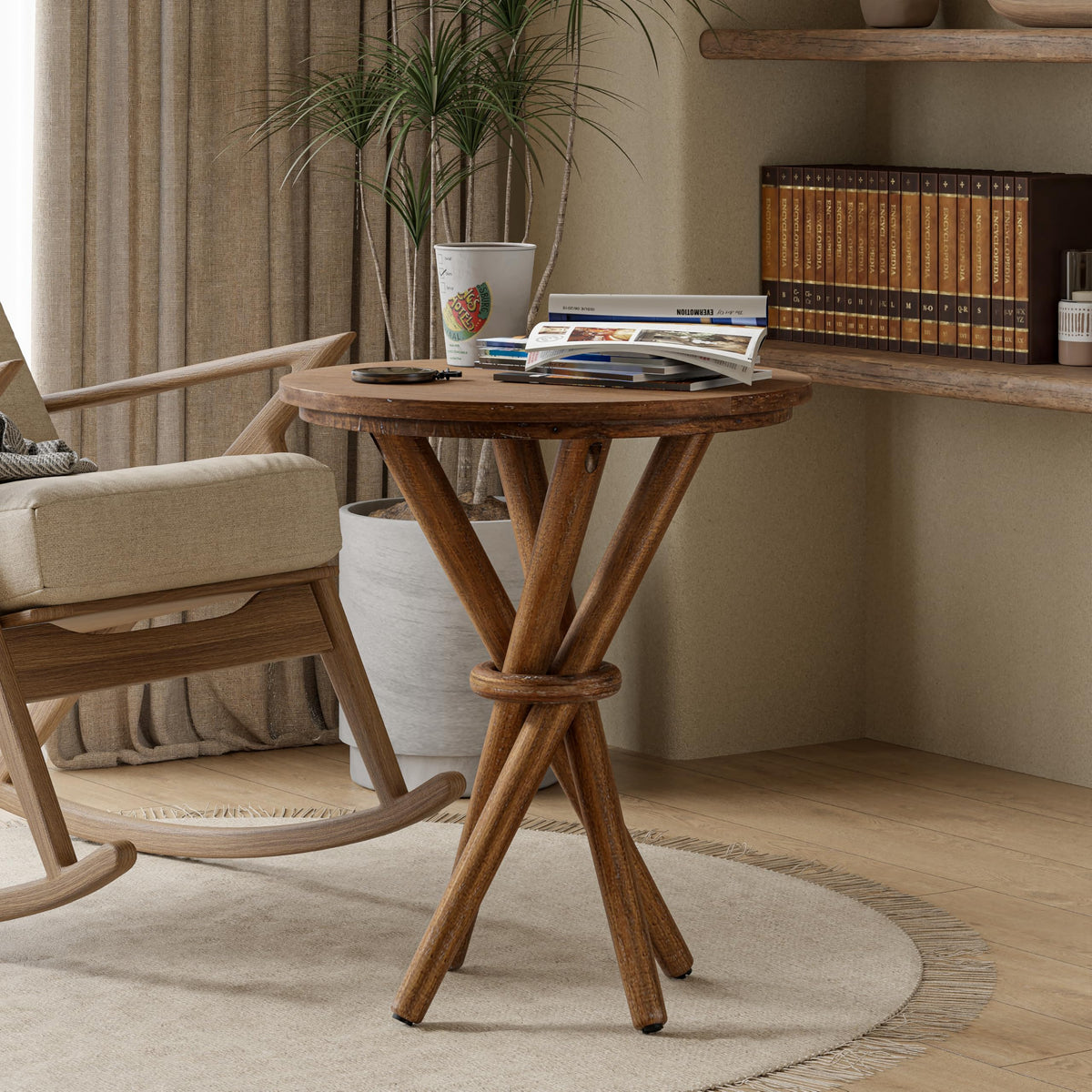 COZAYH Small Round Wood End Table Farmhouse Wooden Side Table Rustic Plant Stand with Bundled Legs for Living Room, Office, Walnut