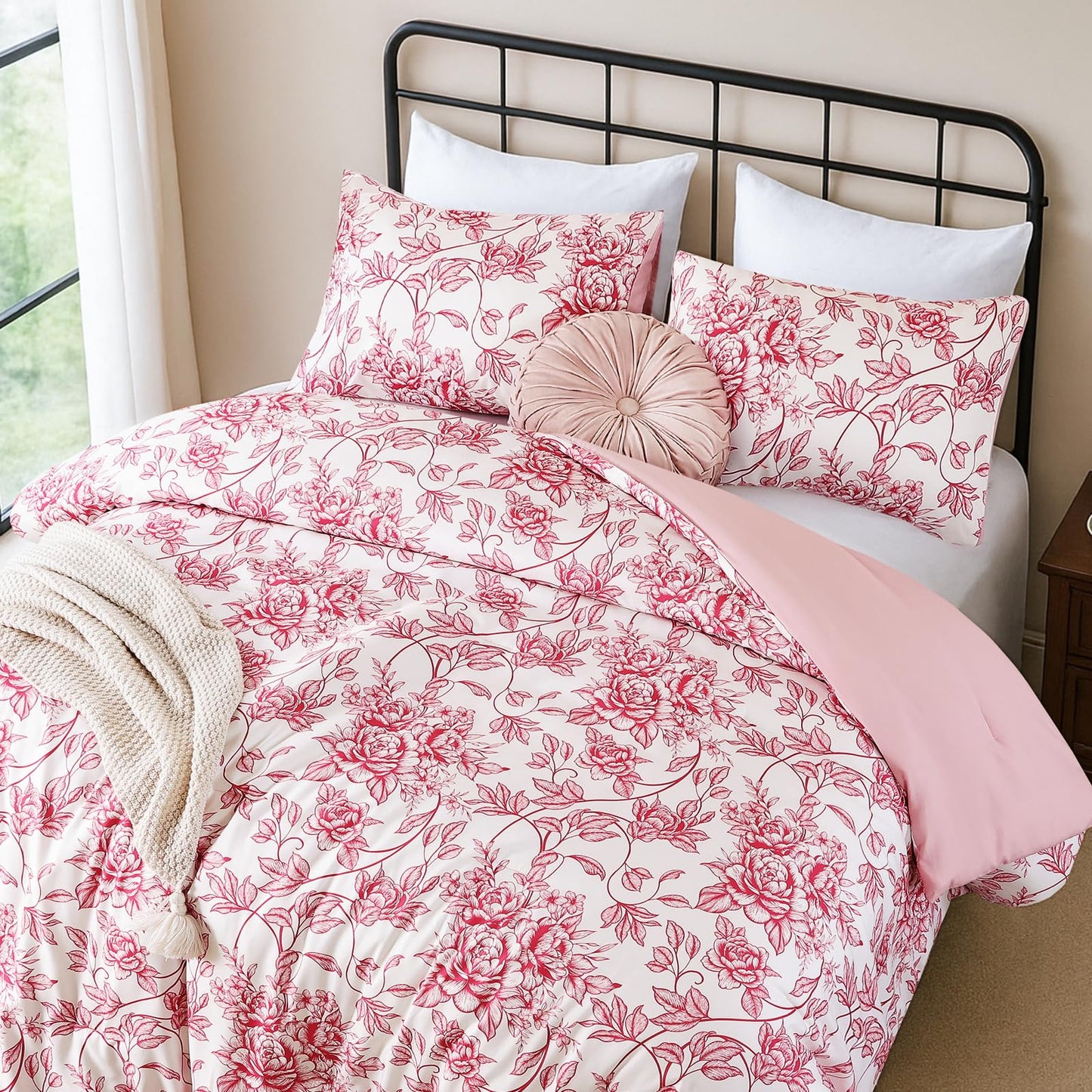 JANZAA King Size Comforter Set - Pink Floral Comforter, 3 Piece Cute Floral Bedding for All Season, 1 Soft Fluffy Breathable Microfiber Comforter Set with 2 Pillow Shams