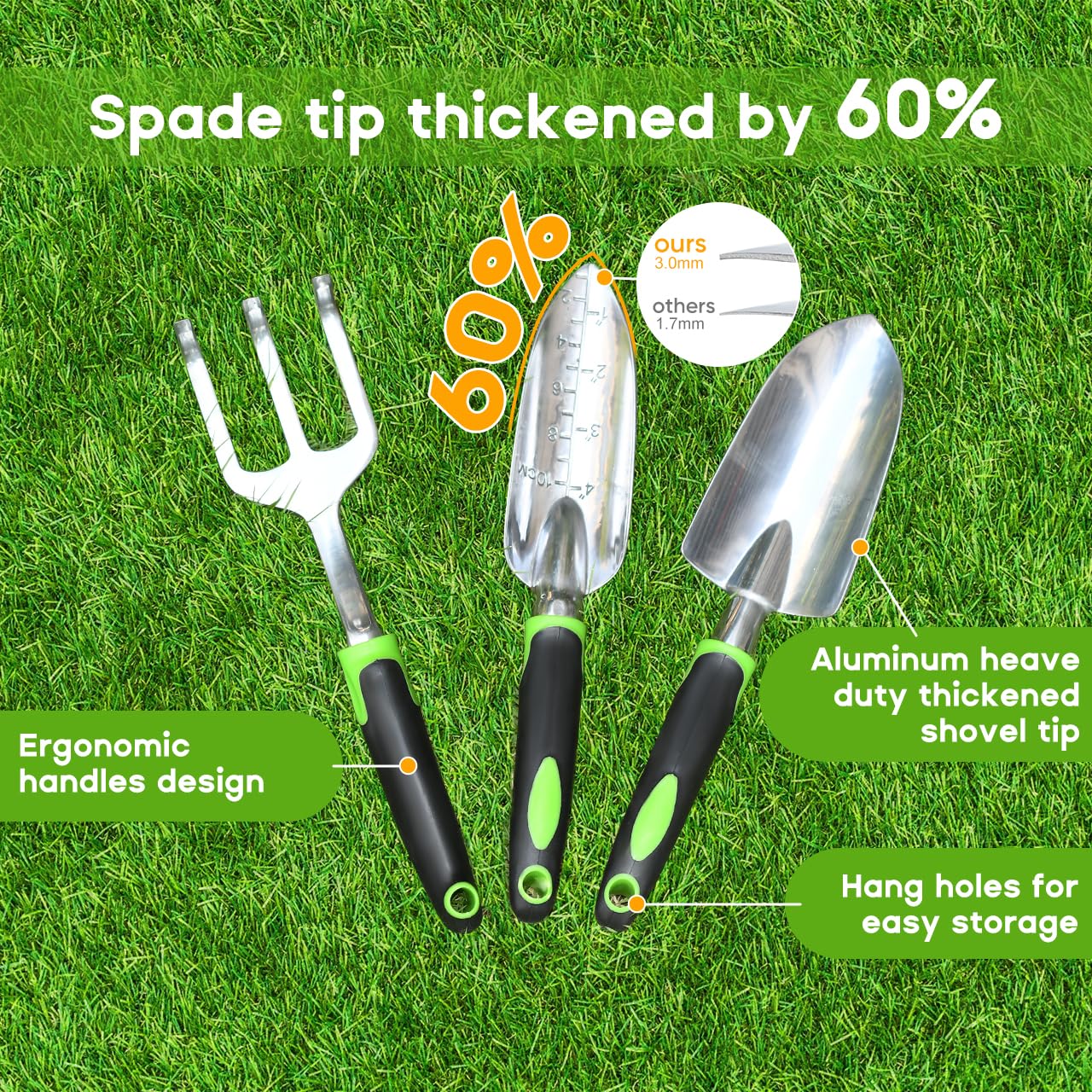 ZUZUAN Garden Tool Set, 3 Pack Aluminum Heavy Duty Gardening Kit Includes Hand Trowel, Transplant Trowel and Cultivator Hand Rake with Soft Rubberized Non-Slip Ergonomic Handle, Garden Gifts